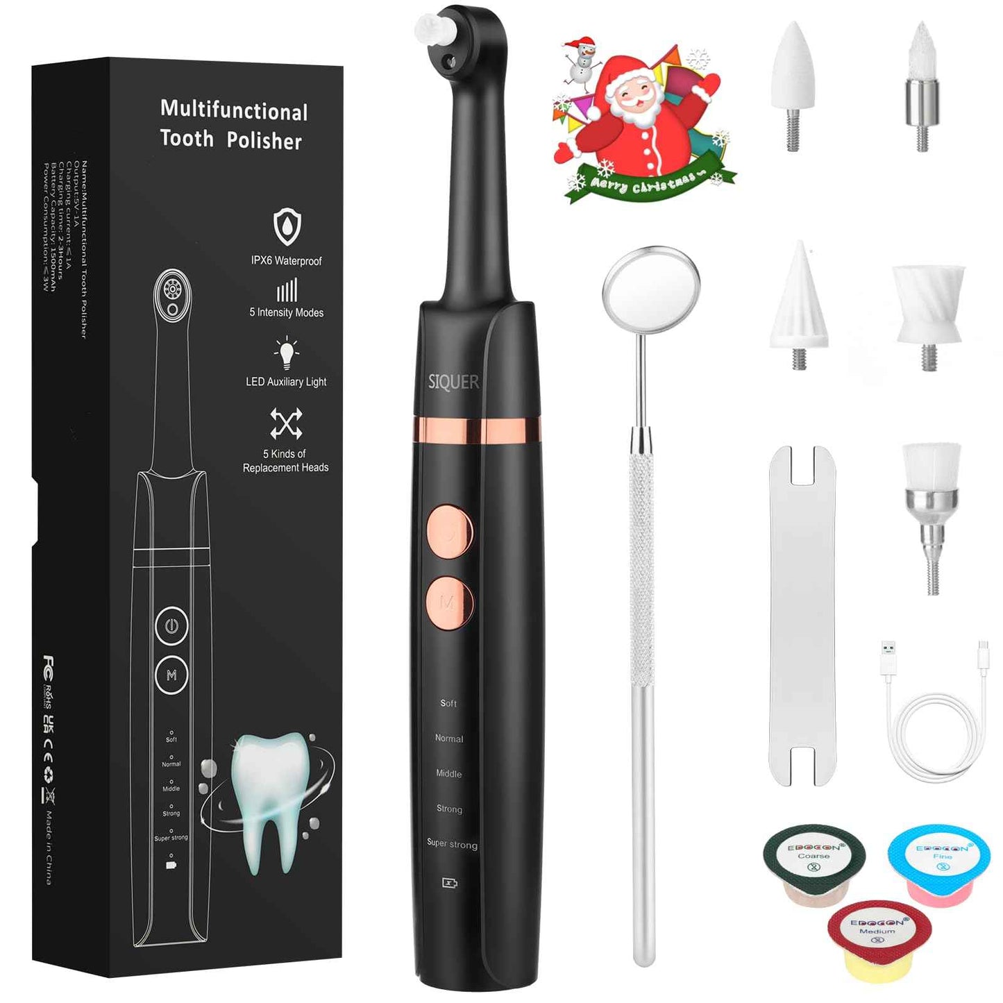 Tooth Polisher - SIQUER Plaque Remover for Teeth Whitening Dental Tools Electric Tartar Polishing Teeth Cleaning Kit with LED Light 5 Speed Modes with 5 Replacement Brush Heads (Black)