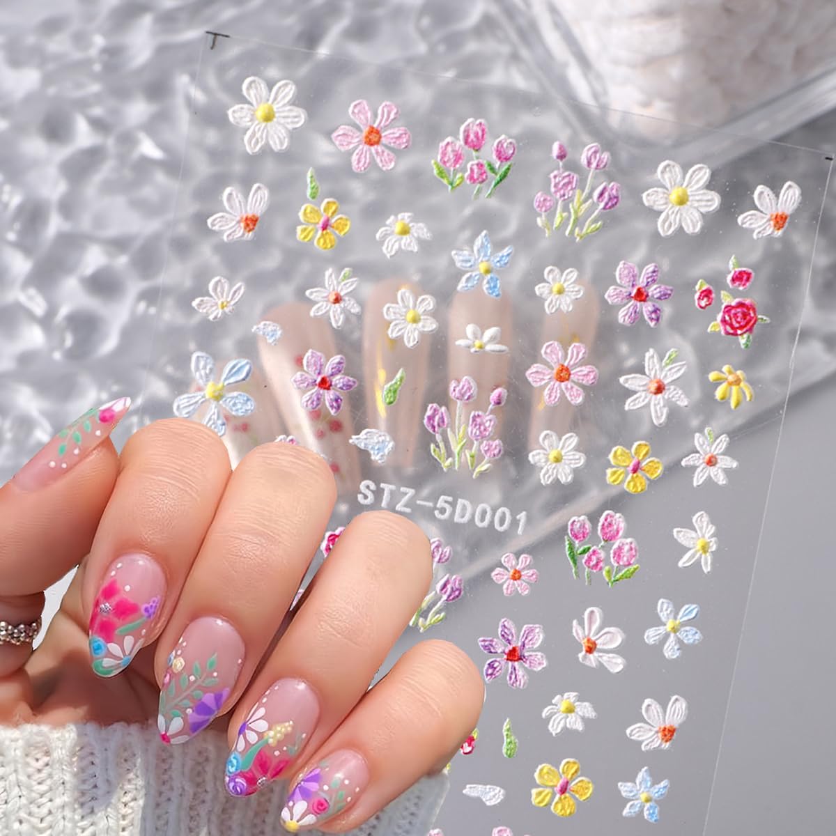 3PCS Flower Nail Art Stickers 5D Embossed Nail Decals Spring Floral Nail Sticker Self Adhesive Nail Art Supplies Three-Dimensional Frosted Small Daisy Flowers Nail Design for Women Nail Decoration