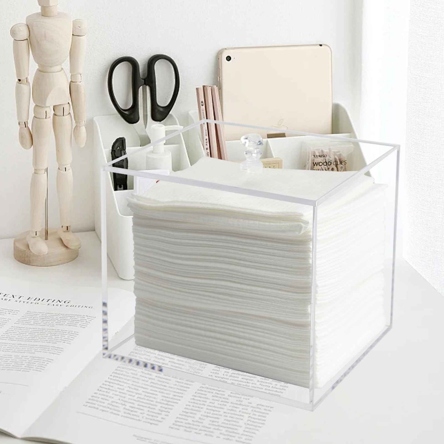 Weiai Face Towel Box, Acrylic Facial Disposable Towelettes Holder Container for XL Face Towels and Protects from Dust, Clear