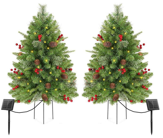 ENVEN 2 Set 30Inch Outdoor Christmas Tree, Pre-Lit 50LED Solar Power Christmas Porch Decorations Outdoor Tree, Hundreds Branch Tips Lush, Pine Cones, Red Berries and Red Ball