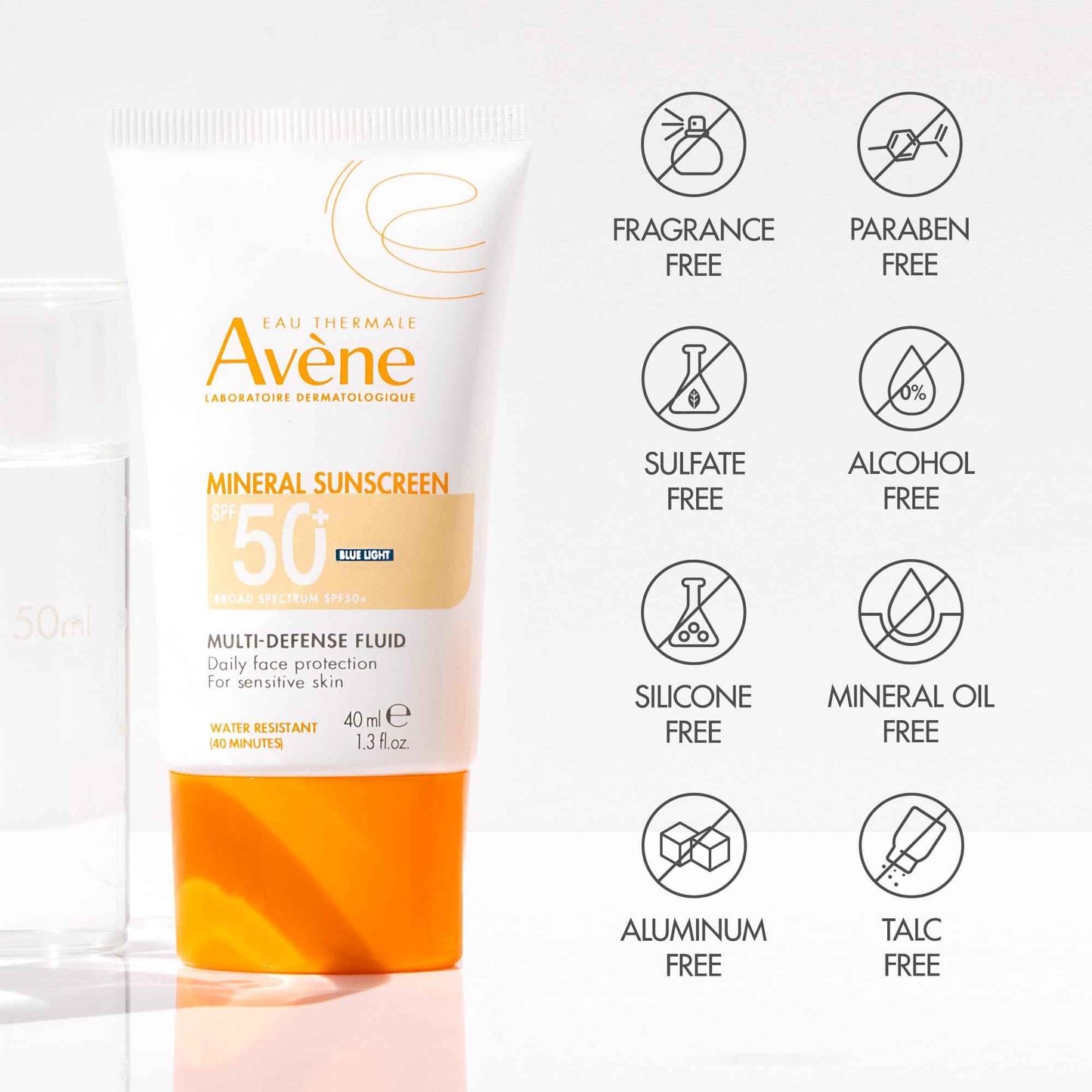 Avène Mineral Sunscreen Multi-Defense Fluid Tinted SPF 50+, Clean Formula Sunscreen for Sensitive Skin, Reef Friendly, Natural Tint, Non-Whitening, Antioxidant Protection, 1.3 Fl Oz