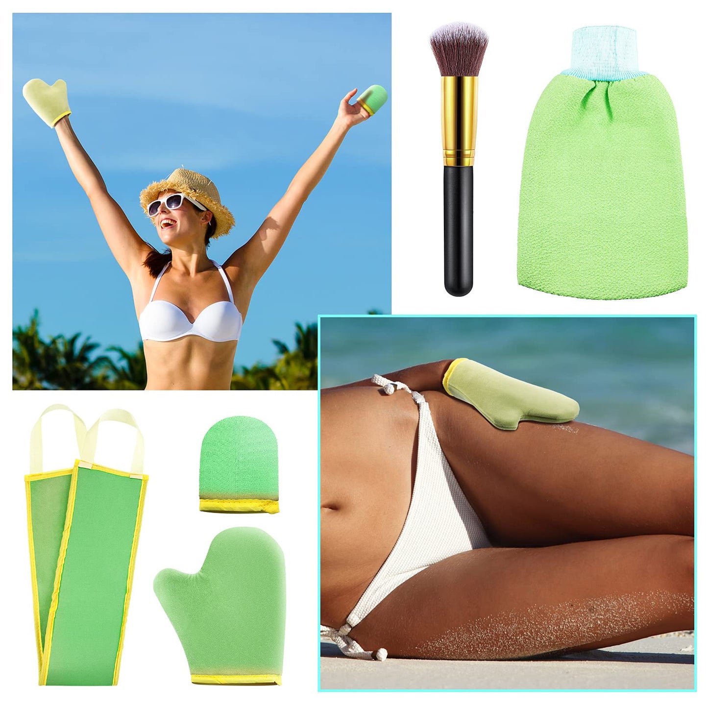 5 Pieces Self Tanning Mitt Applicator Kit, Includes Exfoliating Glove, Tanning Mitt, Mini Face Mitt, Back Lotion Applicator with Self Tanner Brush Large Flat Top Makeup Brush (Green)