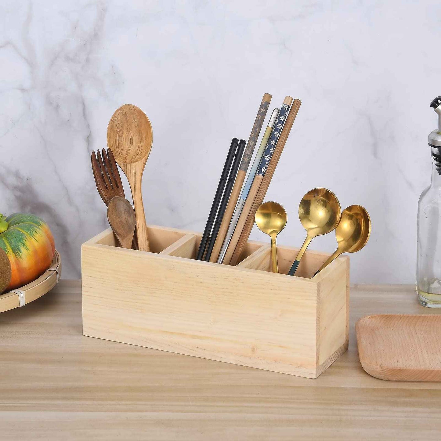 dedoot Wooden Pencil Holder Remote Holder, Unfinished 3 Compartment Wood Desk Organizers Drawer 3 Section, Rustic Remote Control Holder for Desk,School, Home and Office Supplies, 9x3x3.4 Inches