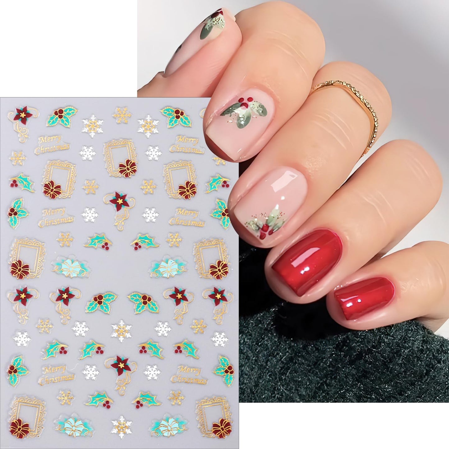 Christmas Nail Art Stickers Holographic Snowflakes Nail Decals 3D Self-Adhesive Laser Gold Silver Santa Claus Nail Sticker Cute Brazing Bell Gifts Gingerbread Man Nail Design for Women Girls 6 Sheets