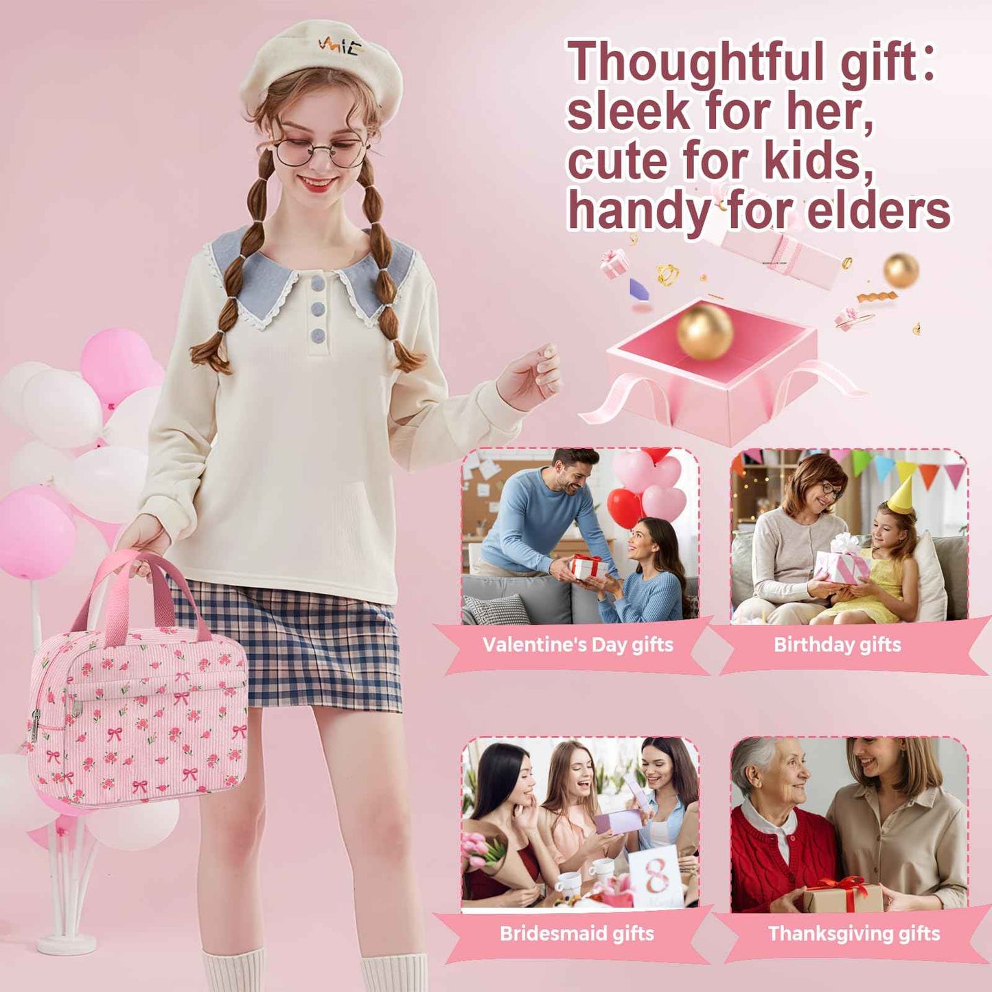 Chicarries Small Makeup Bag for Purse Cute Corduroy Cosmetic Pouch with Zipper Travel Toiletry Bag for Women(Flower bow pink)