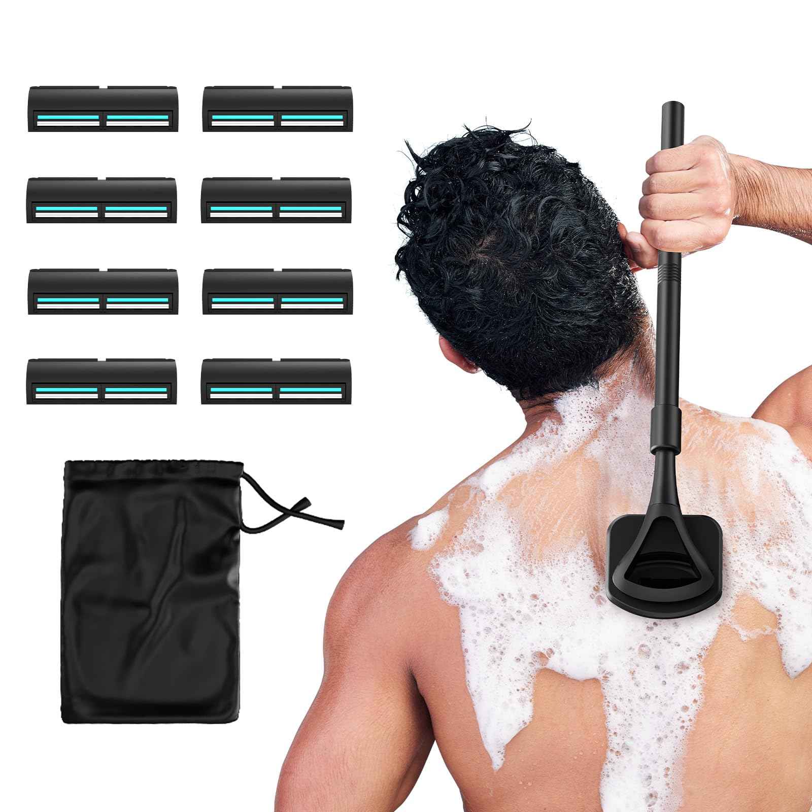 ZOMU Back Shavers for Men:Back Hair Shaver and Body Shavers for Men with Safety Blade Technology & Ergonomic DIY Long Handle, Wet or Dry Shaving-Black(Replaceable 8PCS 3.5inch Blades Included)