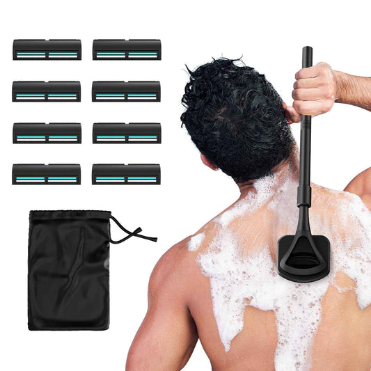 ZOMU Back Shavers for Men:Back Hair Shaver and Body Shavers for Men with Safety Blade Technology & Ergonomic DIY Long Handle, Wet or Dry Shaving-Black(Replaceable 8PCS 3.5inch Blades Included)