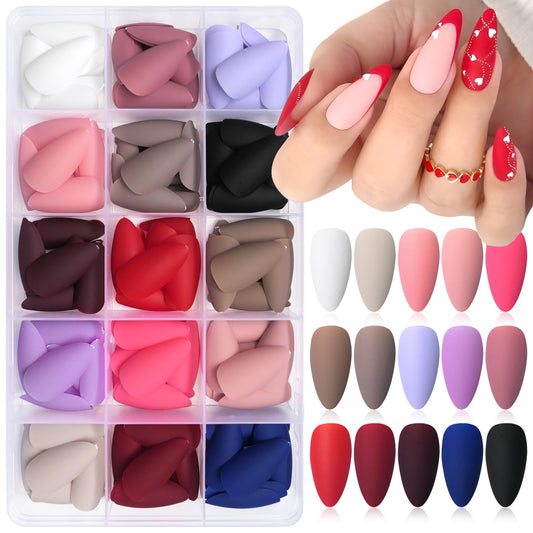 LoveOurHome 360pc Matte Almond Press on Nails Medium Fake Nail Tips Full Cover Colored False Nail Short Stiletto Artificial Fingernails Matte Presson Acrylic Manicure for Kids Women Girls