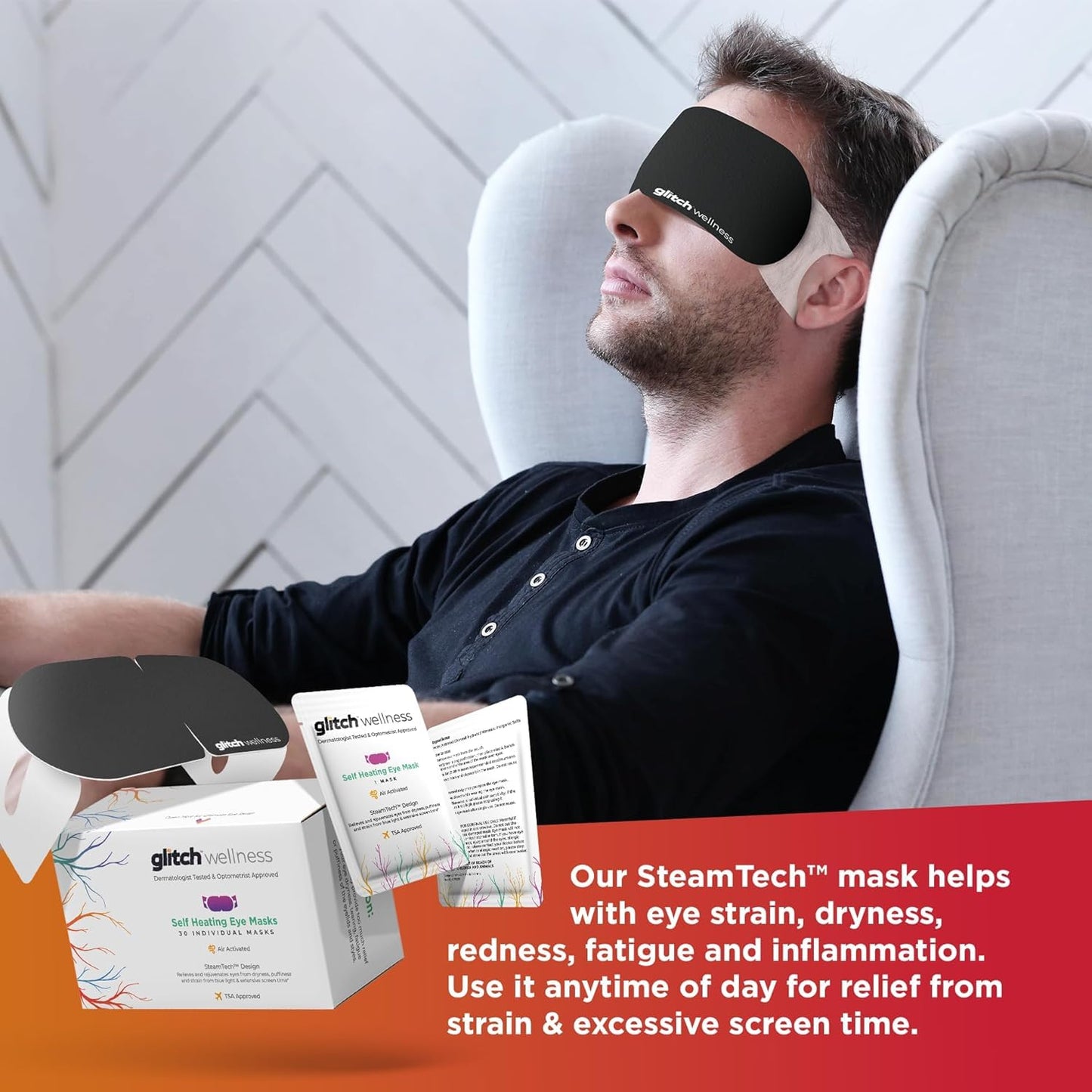 Glitch Wellness Steamtech Self Heated Eye Masks for Dry Eyes - 30 Eye Warm Compress for Fatigue and Dryness - Steam Eye Mask for Dry Eyes, Dry Eye Relief Product, 30 Disposable Eye Mask Heated.