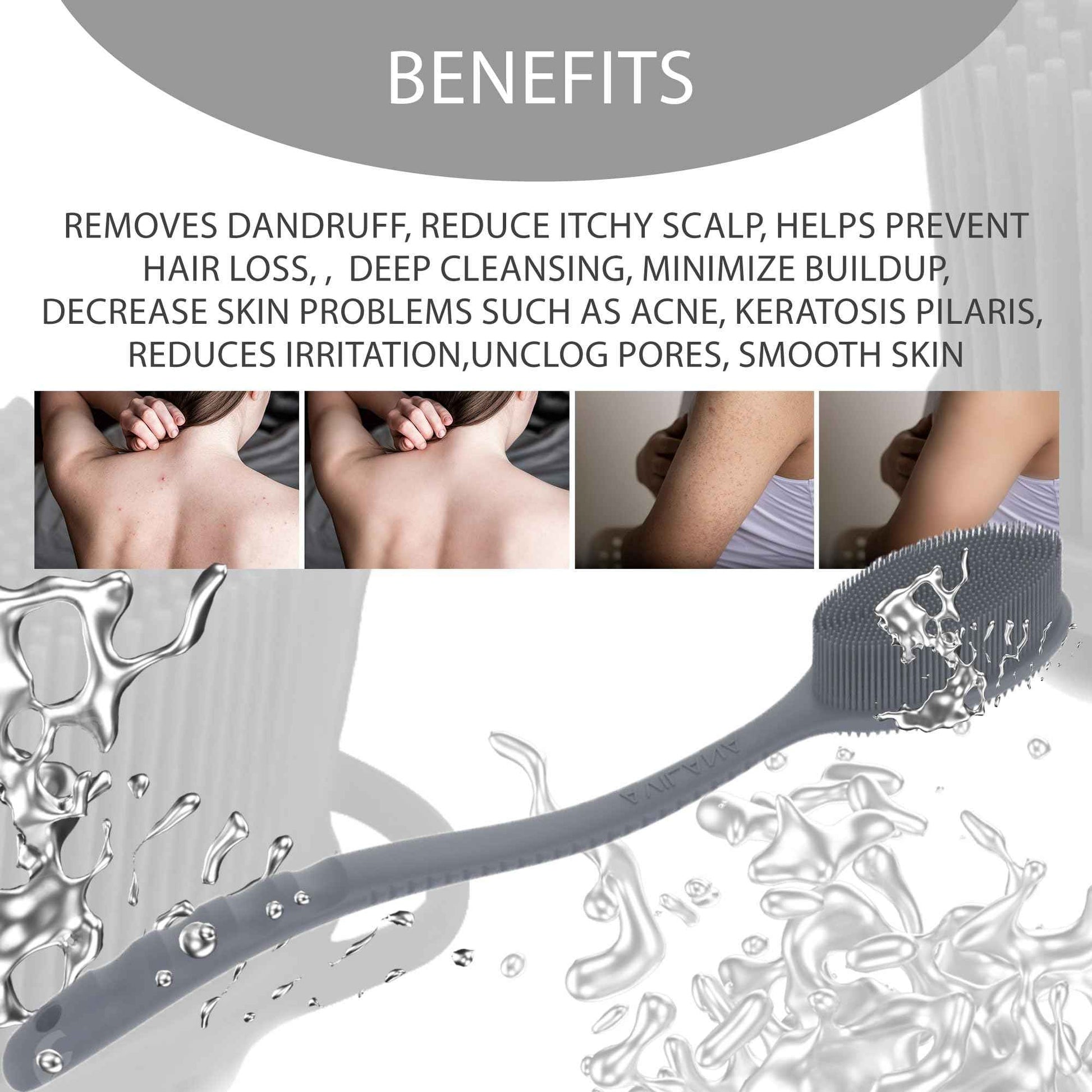 Silver Infused Long Handle Back Scrubber - 19 inch Premium Extended Reach Body Brush - Avilana Advanced Material Bath Tool Easy Grip - Luxury Body Wash Brush Gift