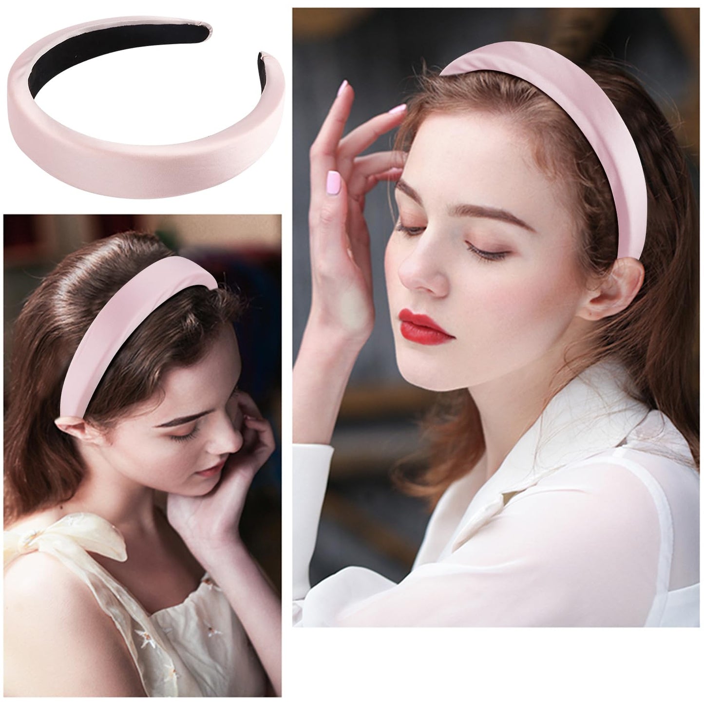 Atoden Headbands for Women Padded Headband Light Pink Satin Headbands Thick Headbands Plain Head Band Hair Bands Hair Accessories for Woman Girls