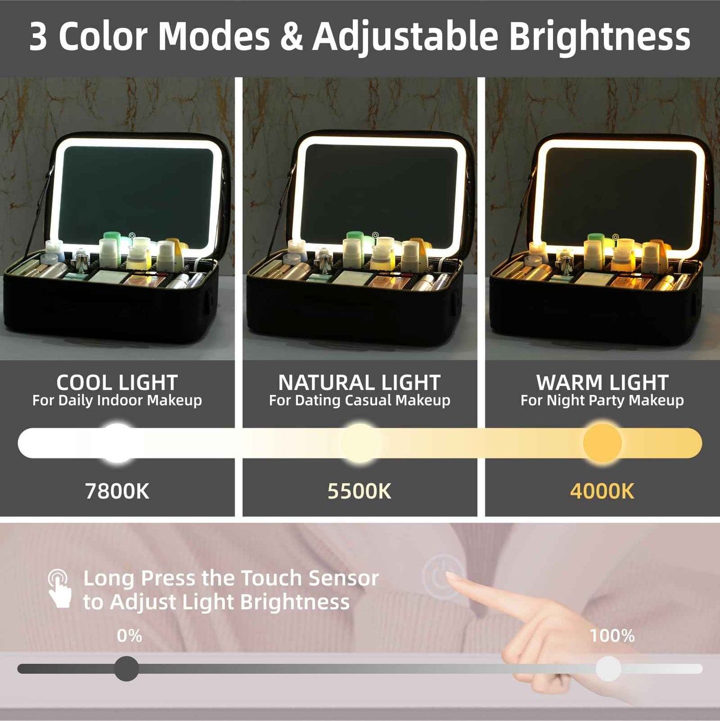 saiggnyy 15“×11“Professional Makeup Train Case,Large Waterproof Travel Makeup bag with Mirror and Light, Leather Black Make up Bag with Mirror and Light,Led Makeup Case with Adjustable Dividers