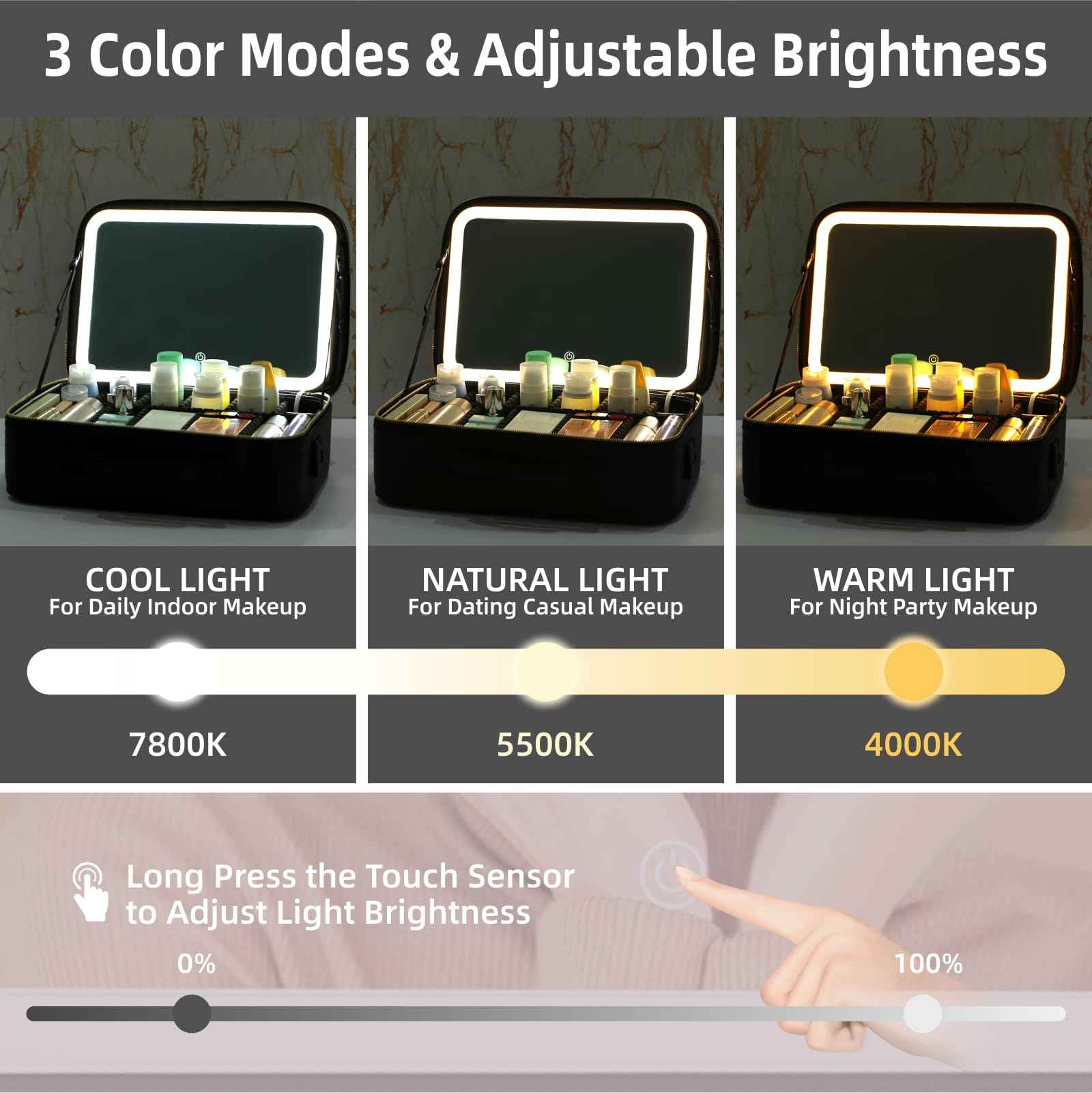 saiggnyy 15“×11“Professional Makeup Train Case,Large Waterproof Travel Makeup bag with Mirror and Light, Leather Black Make up Bag with Mirror and Light,Led Makeup Case with Adjustable Dividers