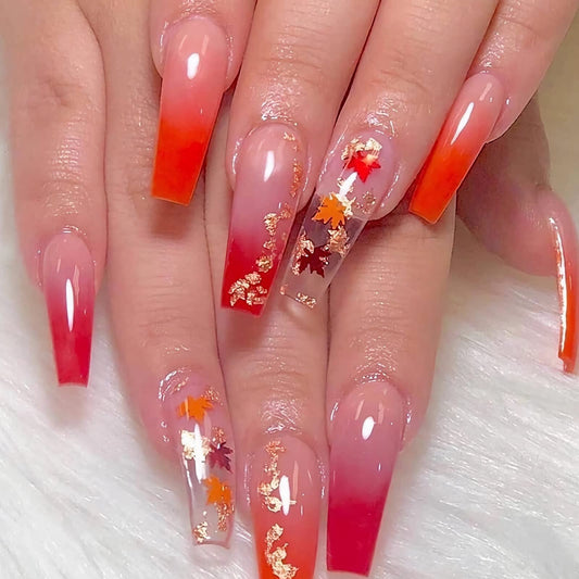 BABALAL Coffin Press on Nails Long Fake Nails Glossy Glue on Nails Red Orange Gradient Gold Maple Leaf Acrylic Nails 24Pcs Ballerina Shiny Stick on Nails for Women and Girls