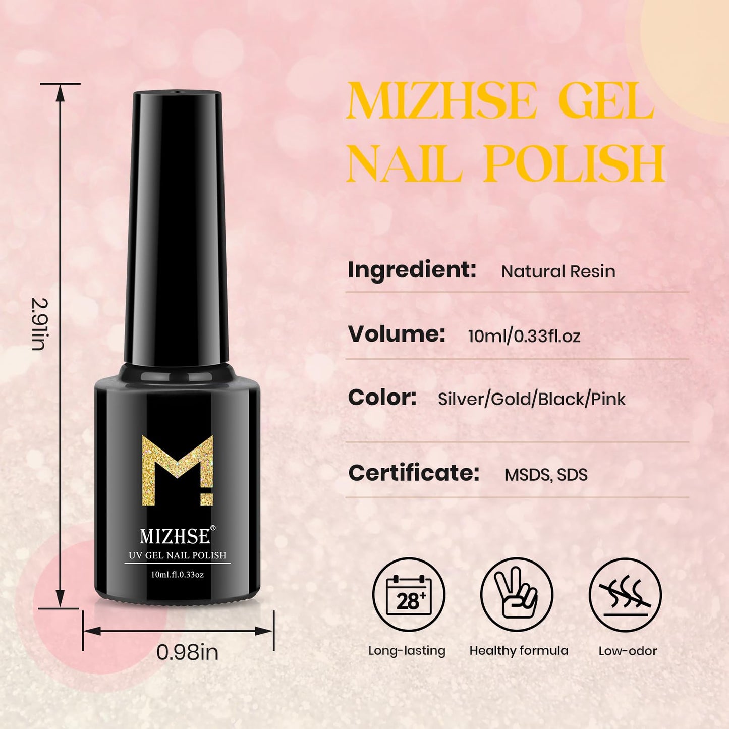 MIZHSE Gel Nail Polish 4 Color Silver Gold Black Pink, Glitter Gel Polish Soak Off UV LED Nail Art for Home Salon Starter Manicure Set for Ladies 10ml