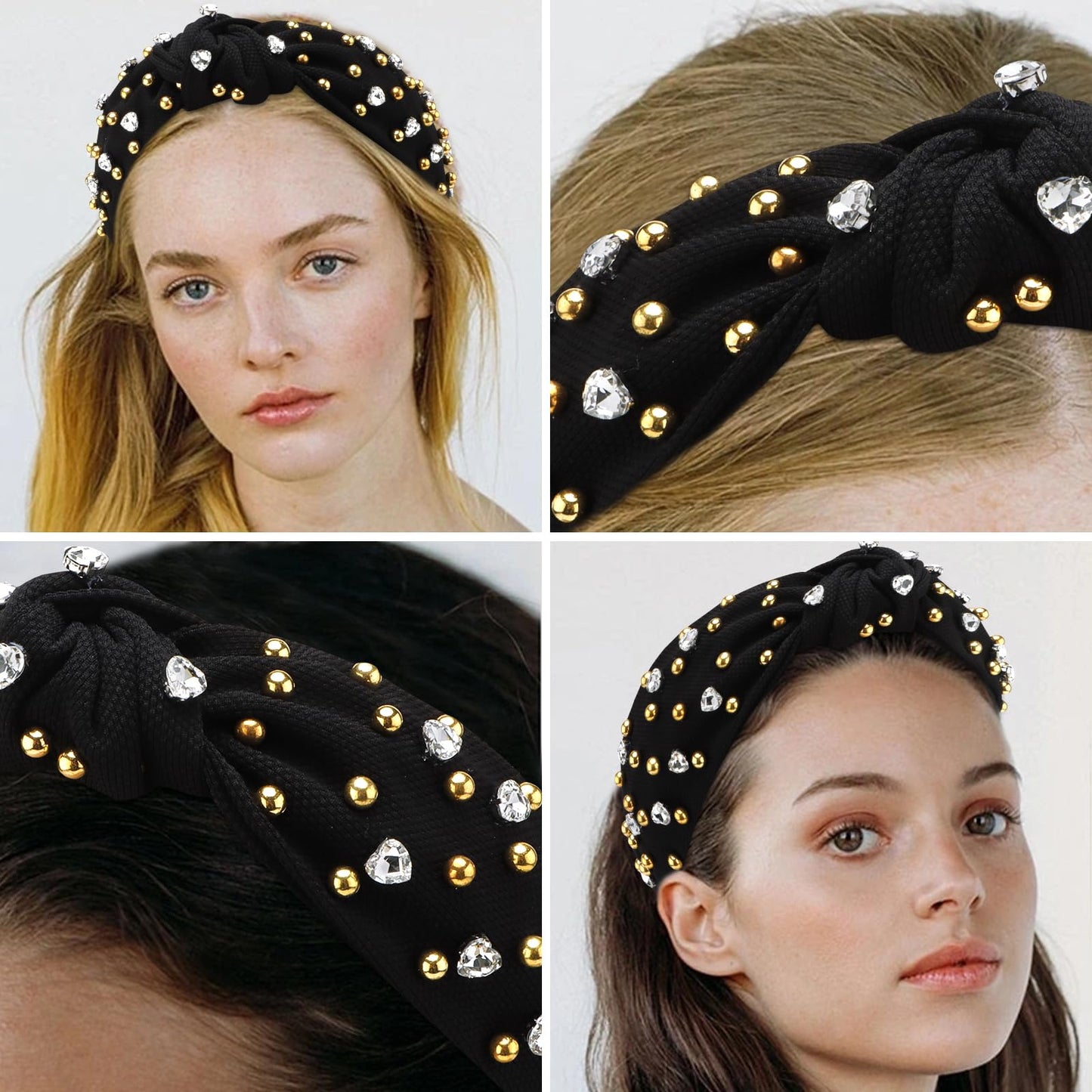 Canitor Pearl Knotted Headbands for Women Top Knot Beaded Headband Jeweled Head Bands for Women's Hair Non Slip Embellished Rhinestone Headbands Fashion Hair Accessories Gifts (black)