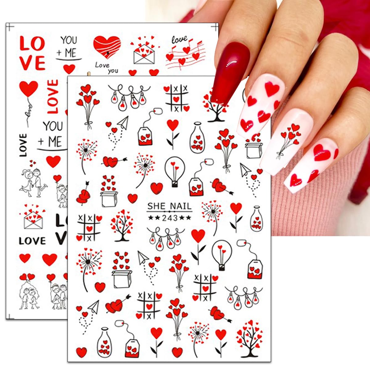 Valentines Day Nail Stickers Decals DIY Self-Adhesive Red Valentines Nail Art Romance Love Lovers Heart Sexy Nail Stickers Design Valentines Supplies Nail Decorations for Women Girls (8 Sheets)