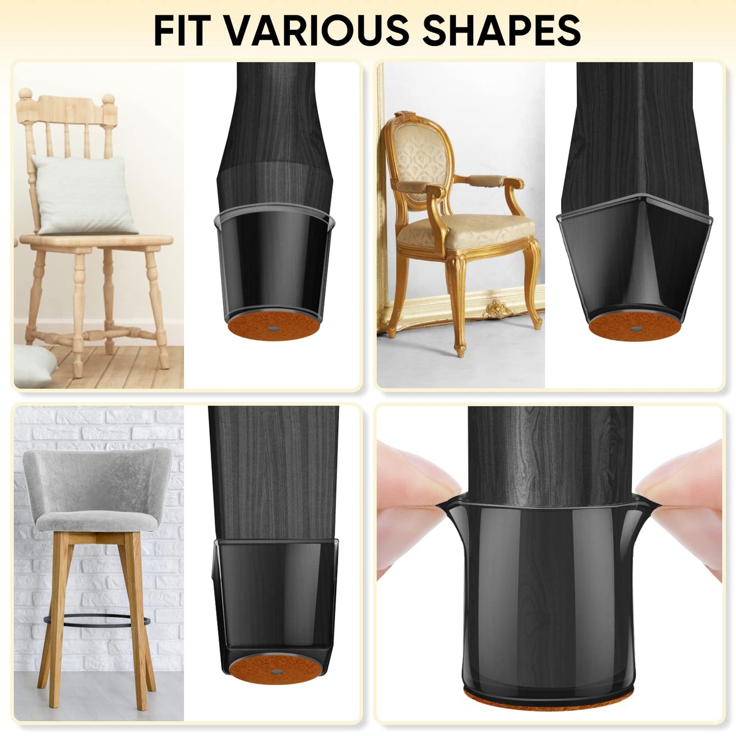 BALEINE 16 Pack Silicone Chair Leg Floor Protectors, Stool Leg Protectors Cap, Non-Slip Chair Leg Caps for Hardwood Floors (Black & Small, 16 Pack)