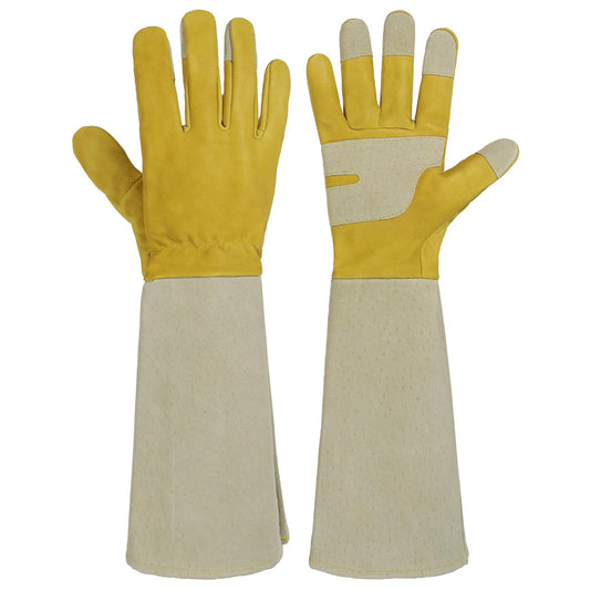 HANDLANDY Rose Pruning Gloves for Men & Women, Thorn Proof Long Garden Gloves, Gardening Gifts for Gardeners (Yellow- goatskin, Medium (Pack of 1))