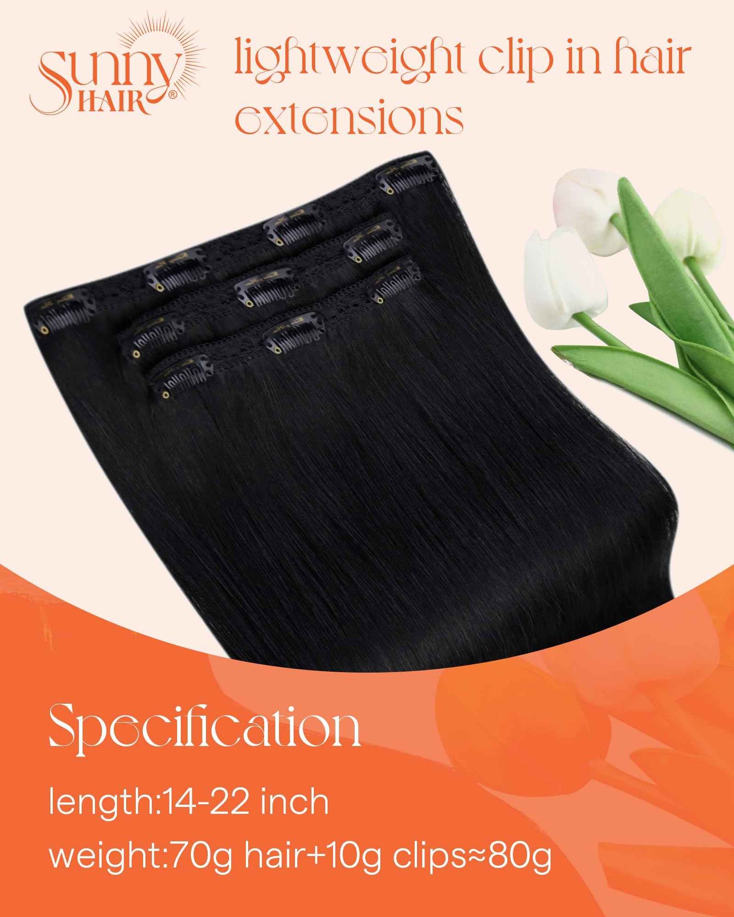 Sunny Hair Clip in Hair Extensions Straight Human Hair Clip in Extensions Remy Clip in Hair Extensions Real Human Hair Extensions Clip ins Jet Black Color 1 for Women 14inch