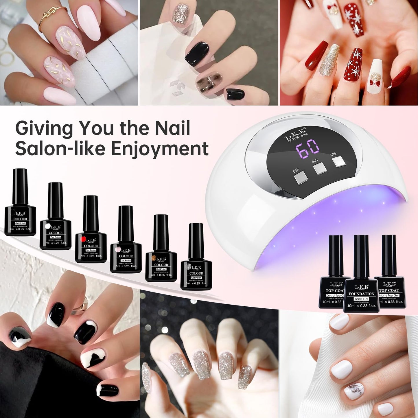 LKE Gel Nail Polish Kit with U V Light 54W Nail Lamp 6 Colors White Black Red Pink Gold Silver Glitter Shimmer Gel Polish Set Glossy Matte Gel Top Base Coat Gel Nail Kit Nail Art DIY Manicure Tools