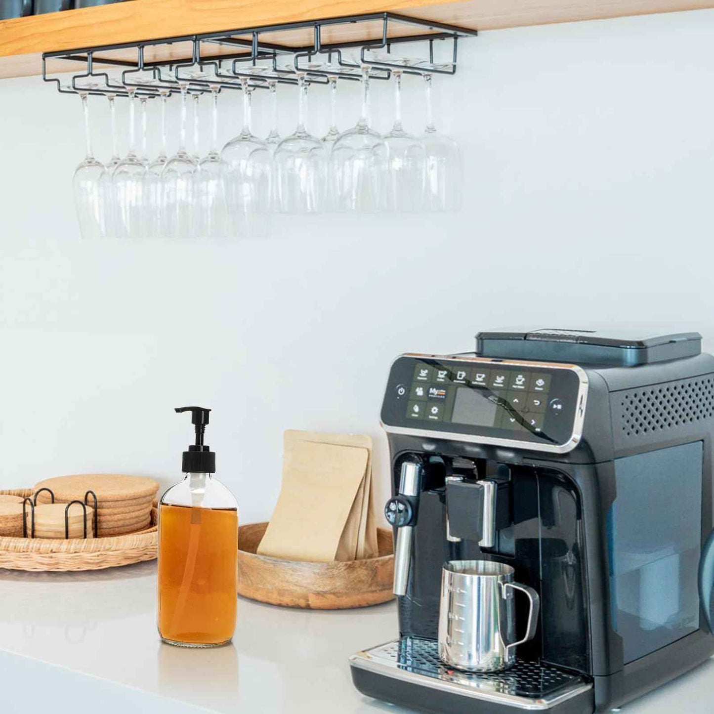 Yarlung 4 Pack 16 Oz Glass Pump Bottles, Clear Soap Dispenser with Pump Glass Empty Refillable Containers for Lotions, Shampoo, Body Wash, Liquid Soap, 4 Black Caps 6 Labels