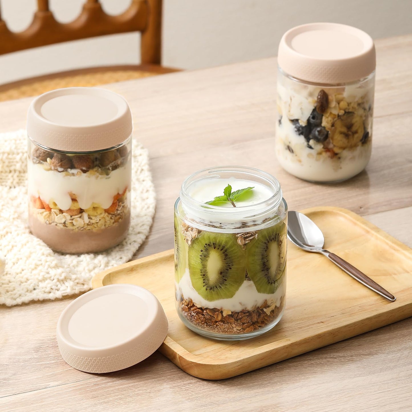 NETANY 6-pack 16oz Glass jars with Airtight Lids, Overnight Oats Containers with Lids, Wide mouth Mason Salad jars, Glass Food Storage Containers for Snacks Yogurt Spice Sugar-Beige