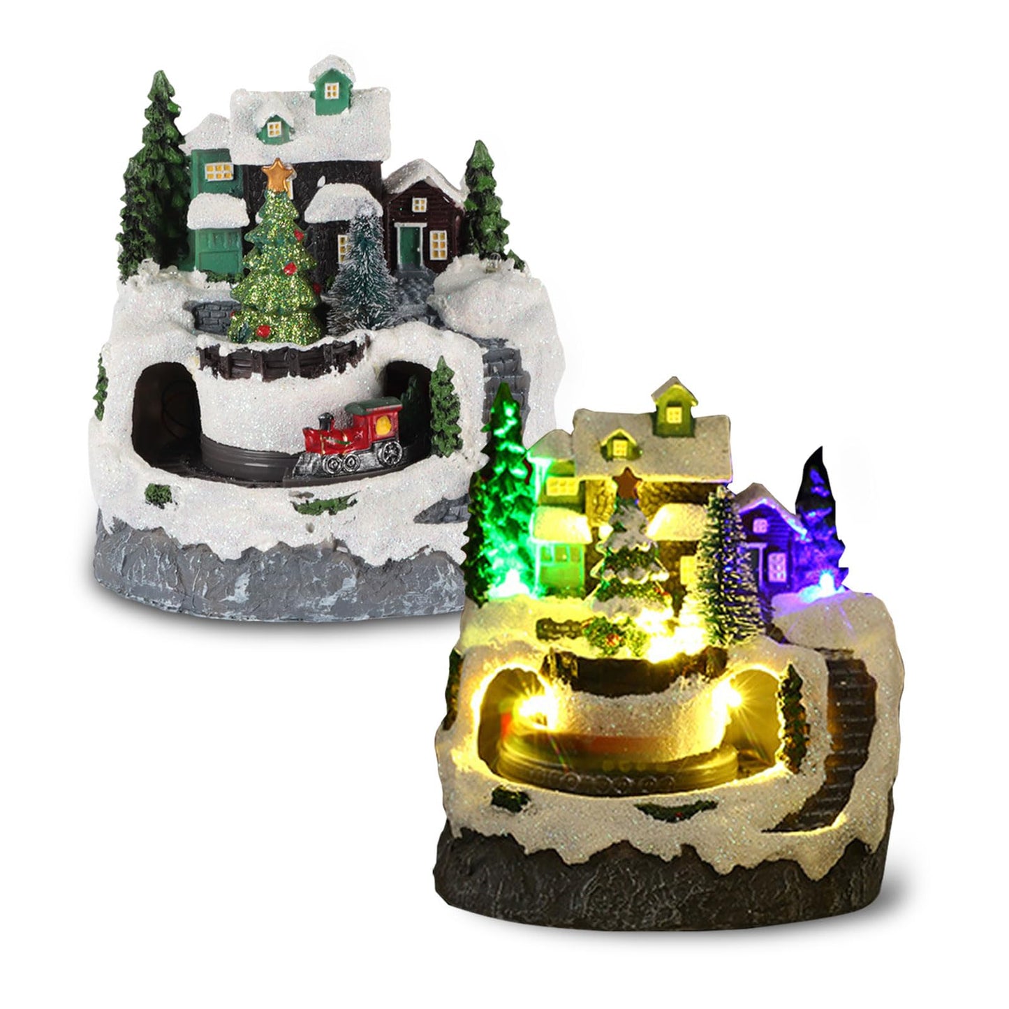 Christmas Village House Made of Resin, Christmas Snow House Electric Musical Light Up House with Spinning Train & 8 Music & LED Light for Christmas Decorations Indoor (Christmas Tree)