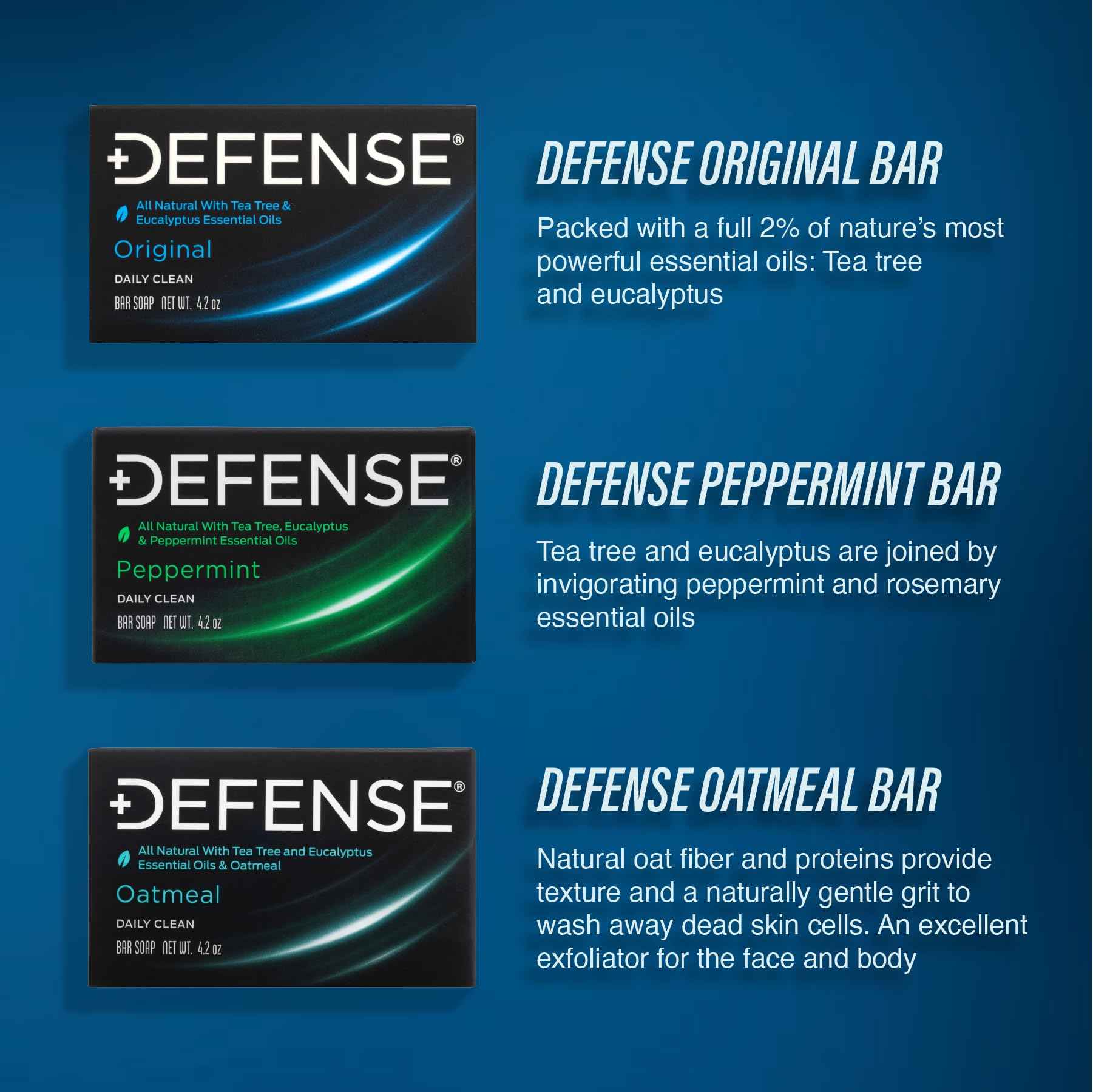 Defense Soap All Natural Tea Tree Bar Soap, 3 Bar Variety Pack - Original, Peppermint, Oatmeal