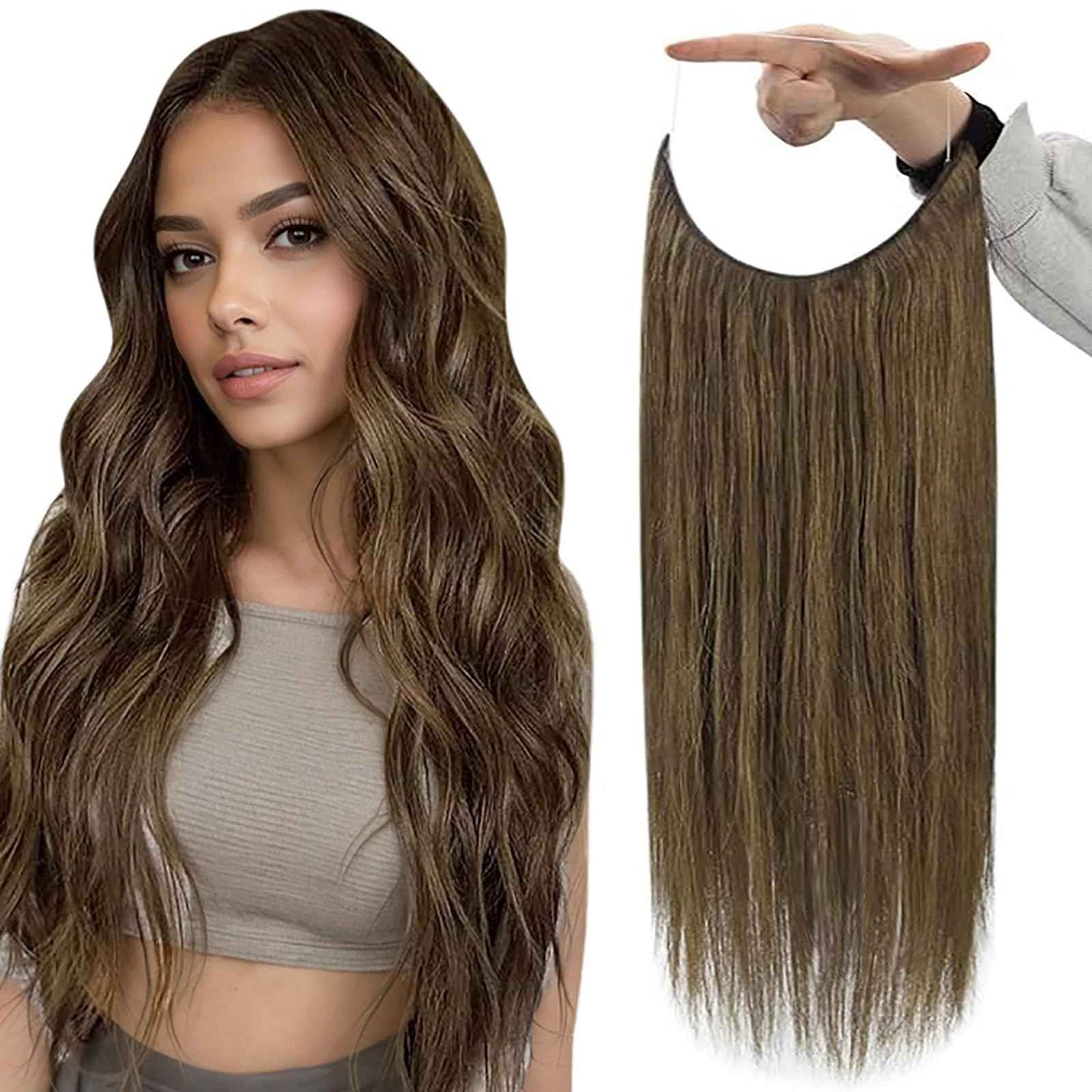 Fshine Invisible Wire Hair Extensions Dark Brown Hair Extensions Real Human Hair 12 Inch One Piece Natural Human Hair Color 4 Clip ins Extensions 70G
