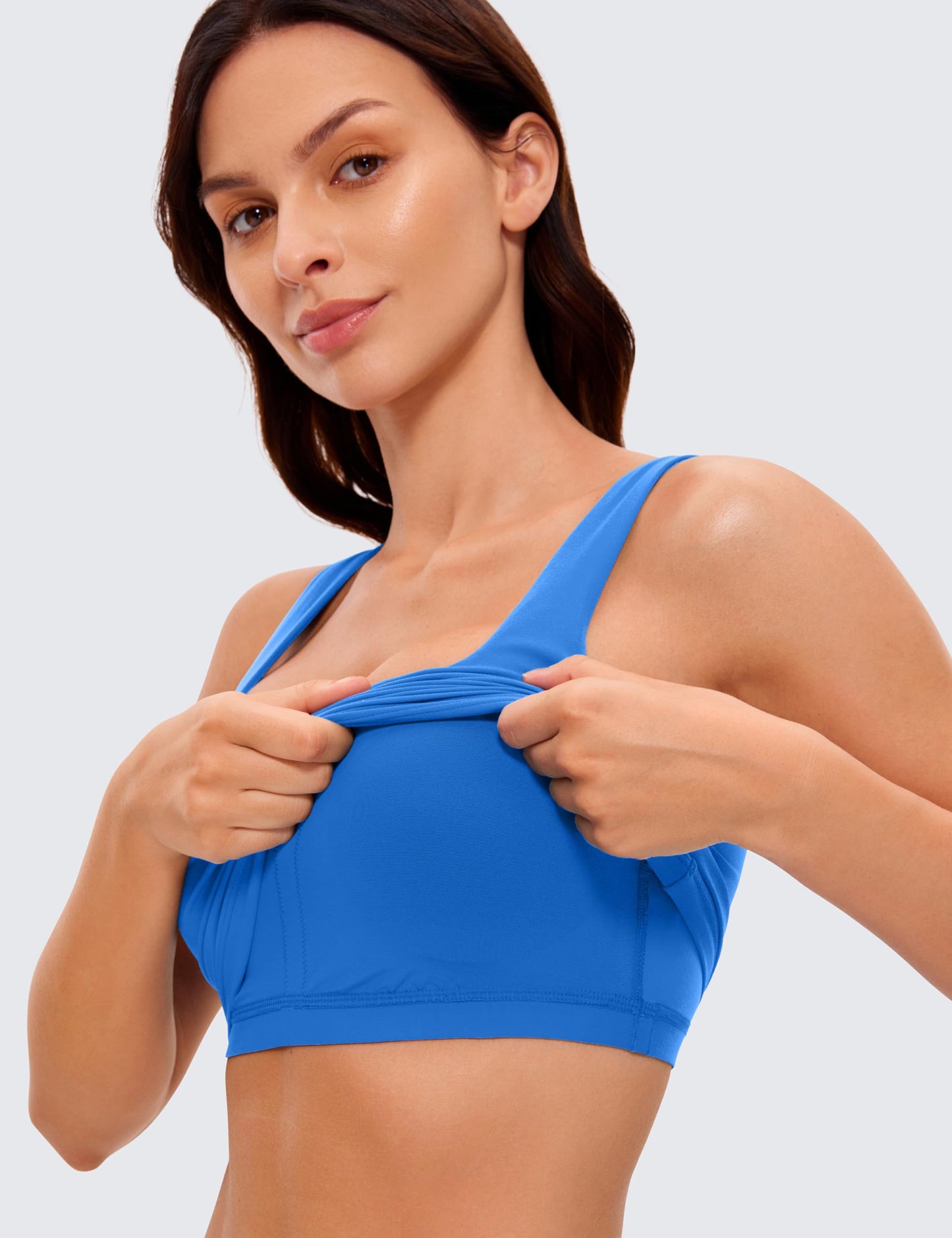 CRZ YOGA Butterluxe Womens Square Neck Longline Sports Bra - Workout Crop Tank Tops Padded with Built in Shelf Yoga Bra Sparkle Blue Large