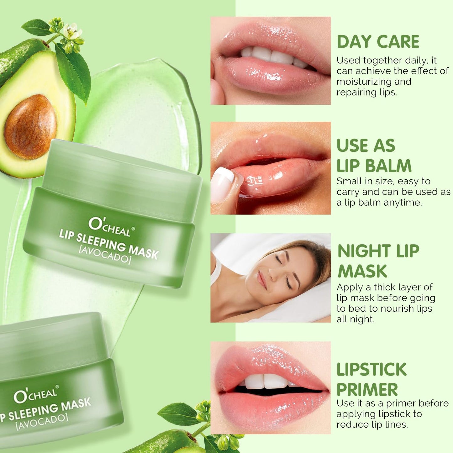 Lip Sleeping Mask Overnight Moisturizer Balm, Berry Lip Mask, Day and Night Repair Lip Balm for Improves Dryness Cracked, Moisturize Nourish Lip Scrubs Exfoliate Reduce Lip Lines (Avocado)