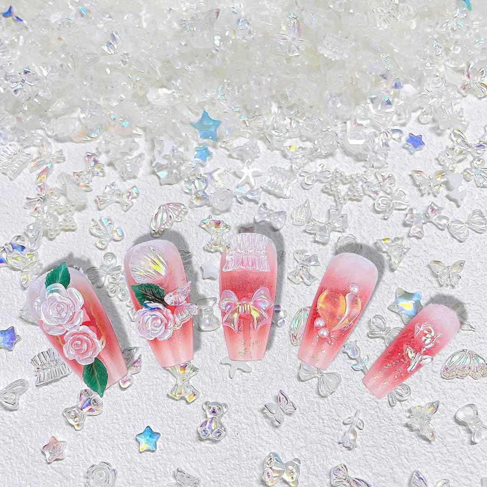 100pcs Mix Shapes Aurora Nail Art Charms - Camellia Bow, Resin Flower, Butterfly, Kawaii Bear, Moon, Heart Nail Charms