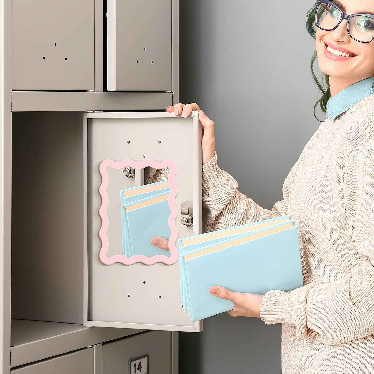 Leinuosen Scalloped Magnetic Locker Mirror 5''x7'' Small Real Glass Makeup Mirror with Magnetic Backing Cute Locker Decorations for Office Cabinet Lockers Accessories(Light Pink)