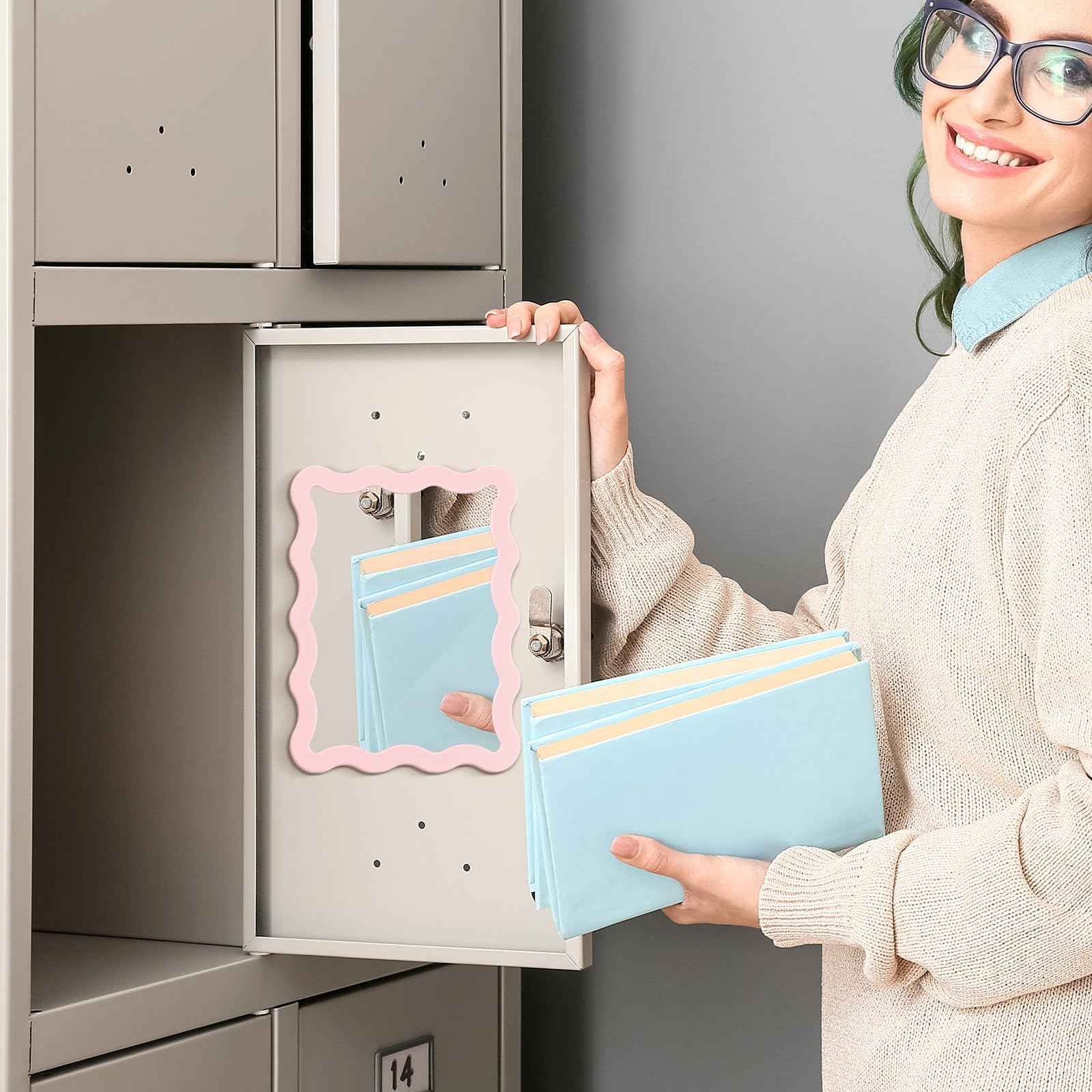 Leinuosen Scalloped Magnetic Locker Mirror 5''x7'' Small Real Glass Makeup Mirror with Magnetic Backing Cute Locker Decorations for Office Cabinet Lockers Accessories(Light Pink)