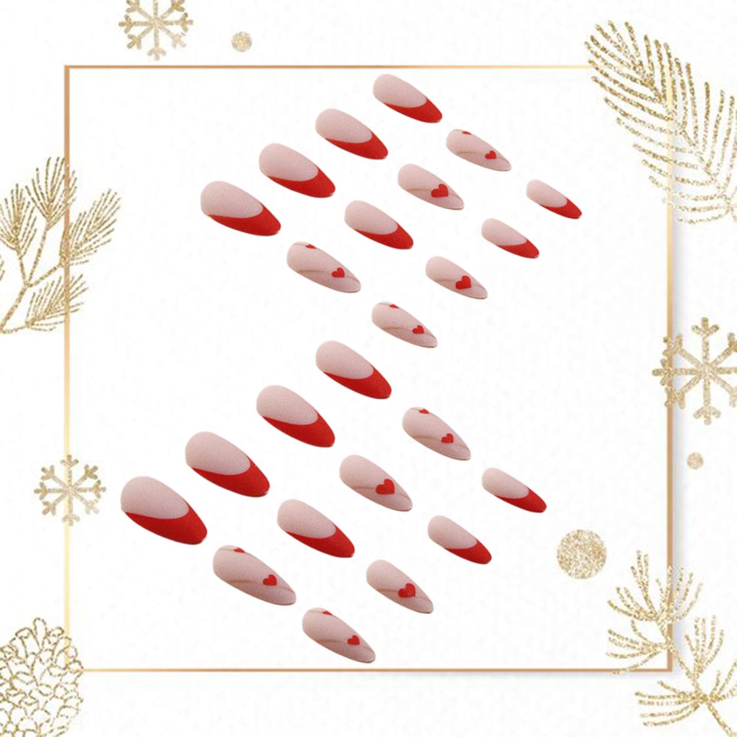 Valentines Nails Red French Tip Press on Nails Medium Almond Fake Nails with Heart Gold Line Design Glue on Nails Red Artificial Acrylic Nails Love Heart Stick on False Nails for Women 24PCS