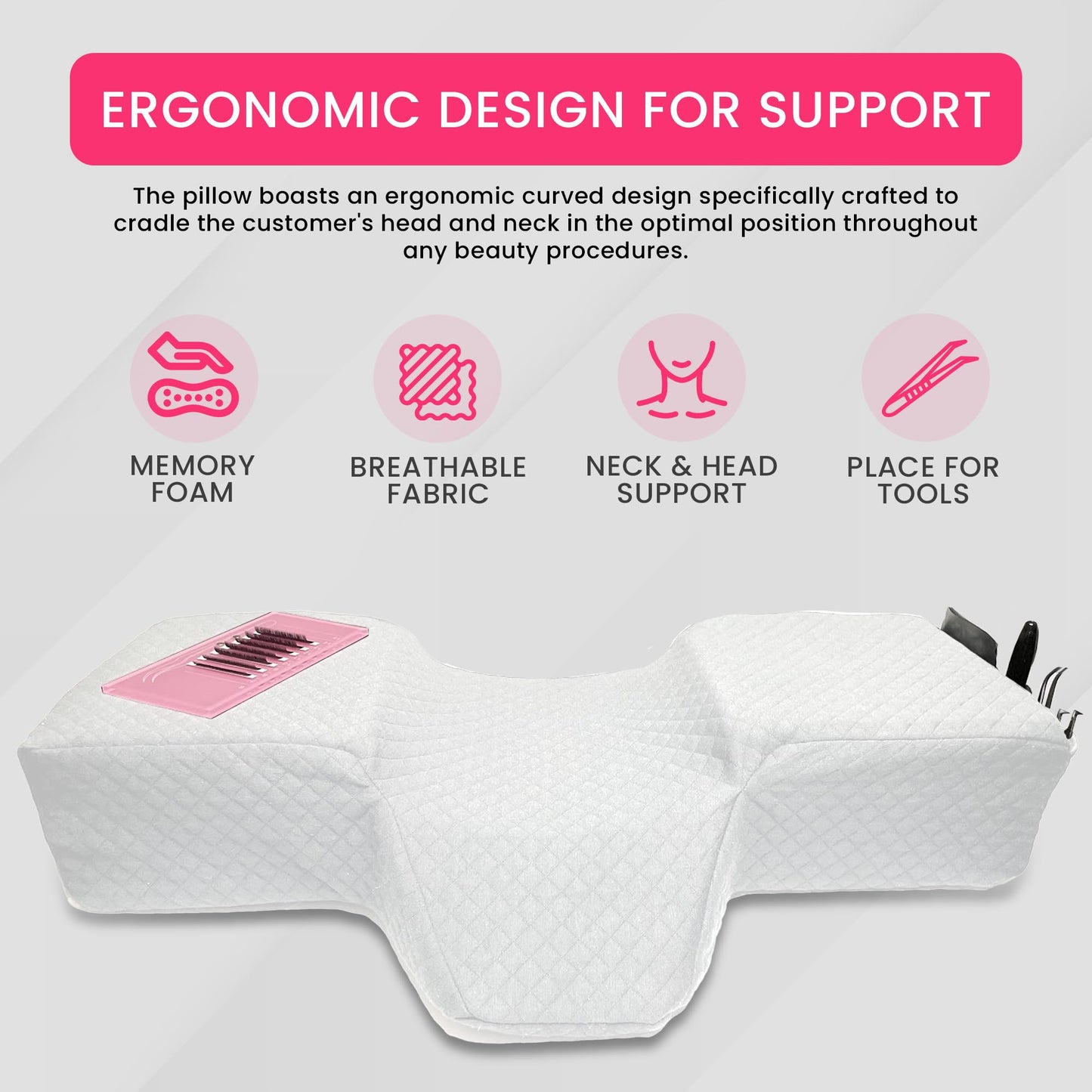 XOLLOZ Pillow for Eyelash Extensions - Curved Memory Foam Lash Bed Pillow with Neck and Back Support, Perfect Pillow for Eyelash Extensions, Two Pockets for Tools On The Sides of Pillow (White)