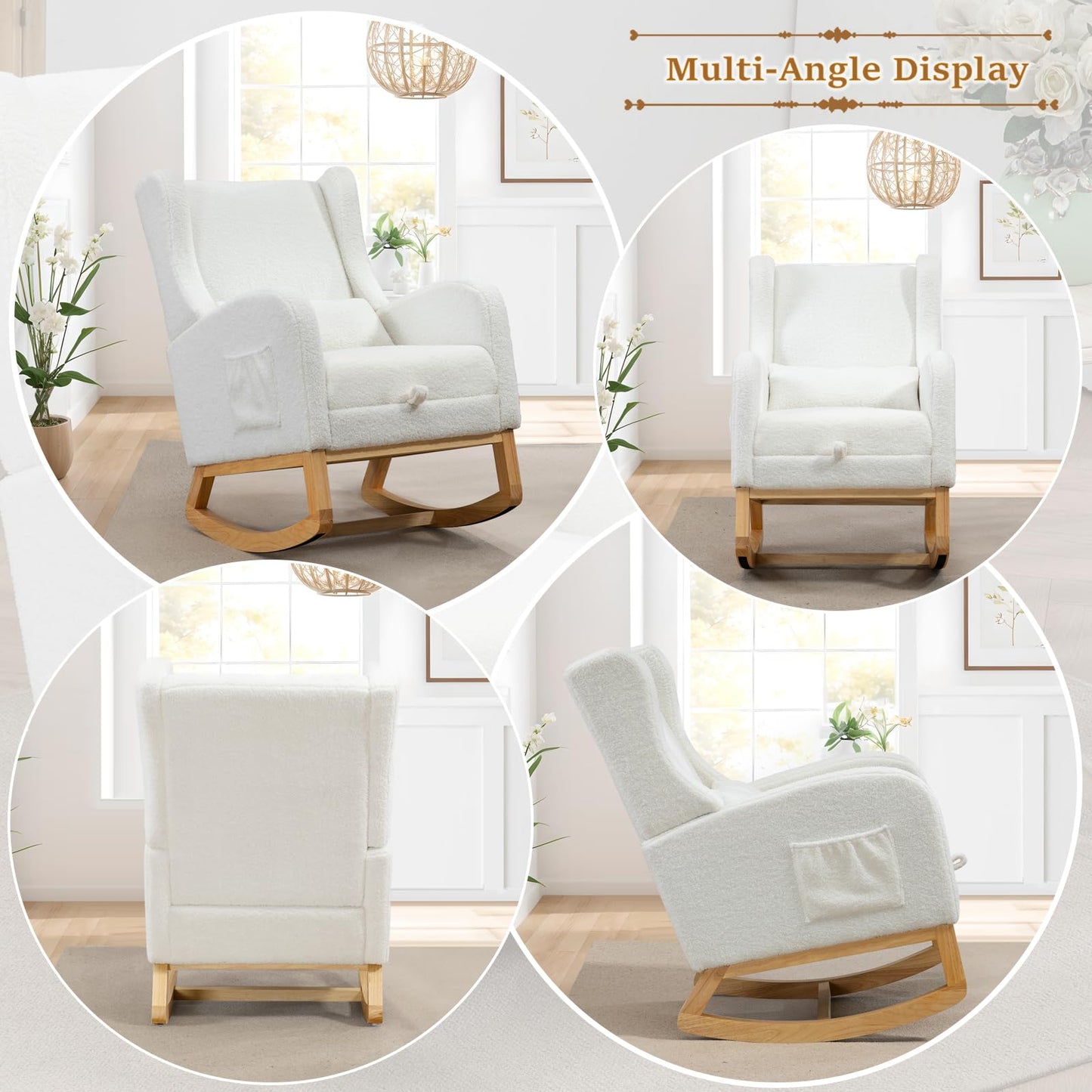 Modern Rocking Chair Nursery Glider, Comfy Rocker Nursery Chair with Foot Rest, Accent Reading Chair with Pillow and Pocket, Upholstered Lounge Chair with Solid Wood Base for Relaxing, Resting (Ivory)