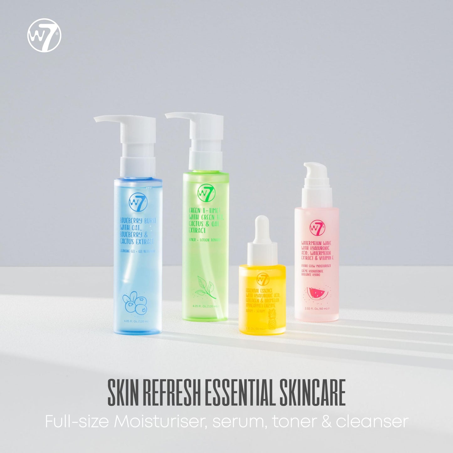 W7 Skin Refresh Essential Full Size Skin Care Set - 4 Step Daily Routine - Moisturizer, Cleansing Gel, Toner and Serum for Natural Beautiful Skin