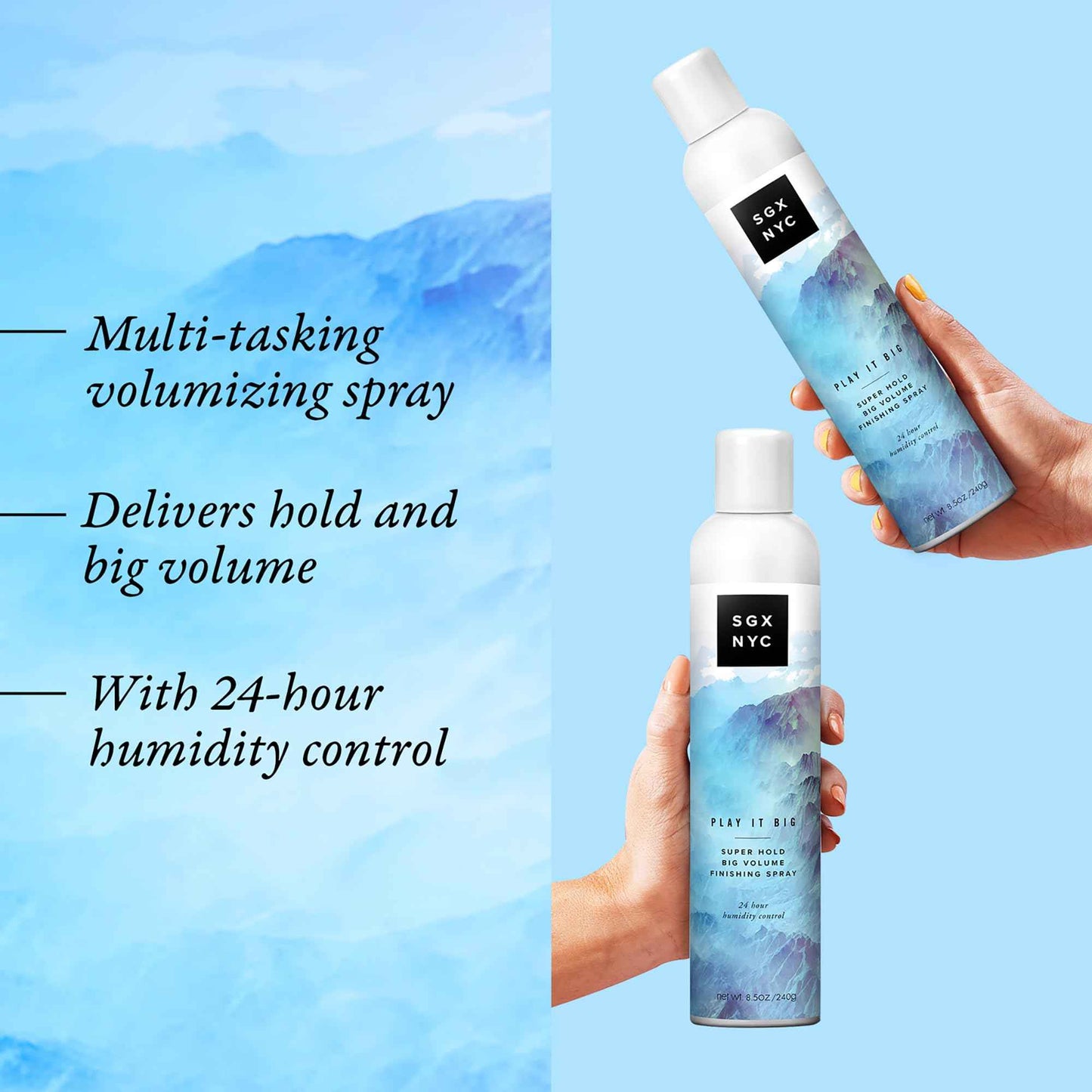 SGX NYC Play it Big Super Hold Volume Finishing Spray - Long Lasting Hair Spray with Anti Frizz Finish - Paraben Free with Coconut Oil - 4 pc