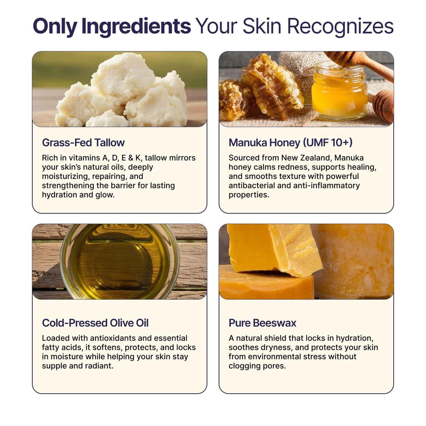 Tallow and Manuka Honey Balm, 2 oz, Unscented, Grass Fed Grass Finished, Face Cream, Body, Lotion, and Lip Balm