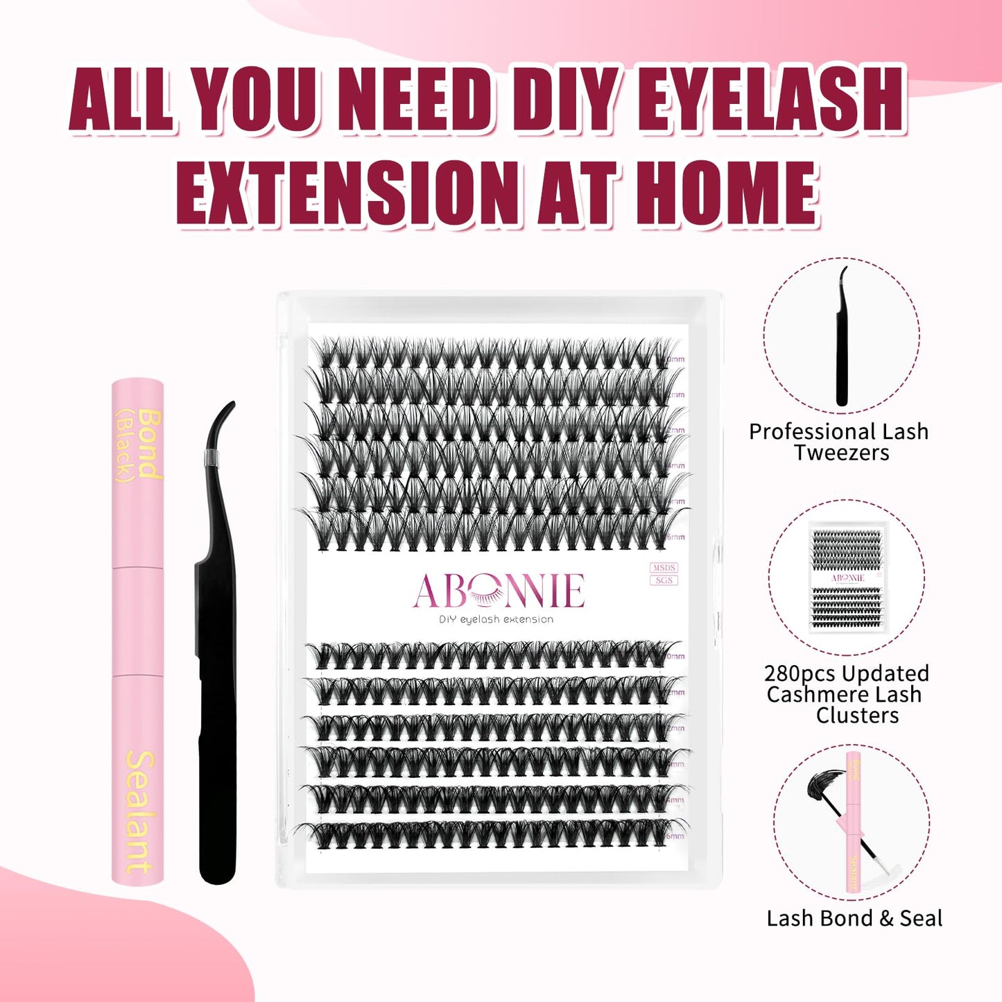 ABONNIE DIY Lash Extension Kit,Cluster lash Extensions Kit, 10-16mm Mix Wispy Lash Clusters,30D+40D D Curl Lash Cluster Kit with Bond and Seal and Tweezer, Fluffty Lash at Home Lash Extension Kit