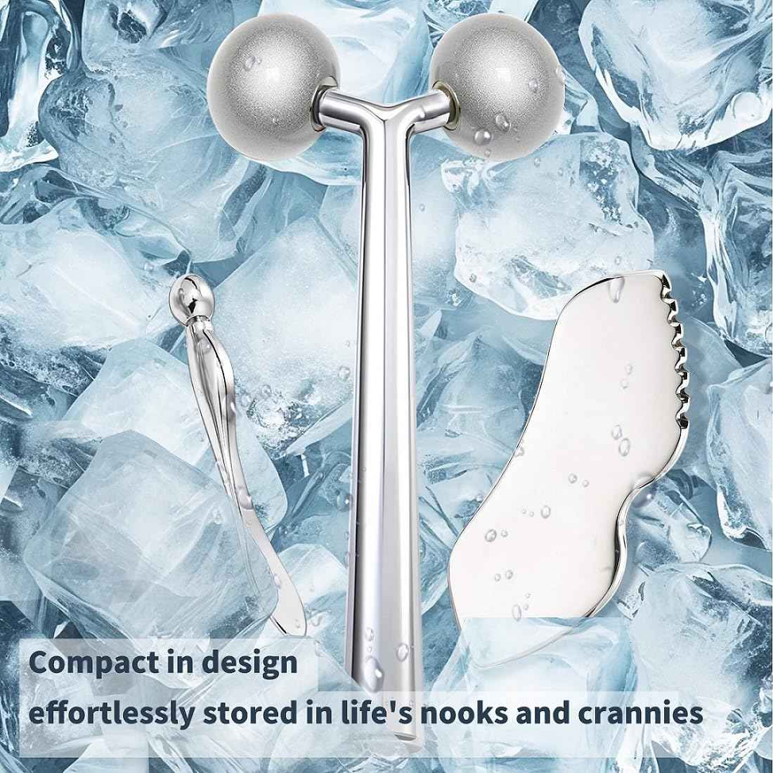 annrose 3-in-1 Stainless Steel Facial Massage Set, Face Roller, Gua Sha Tool, Eye Cream Applicator, Silver,Gifts for Women and Girl