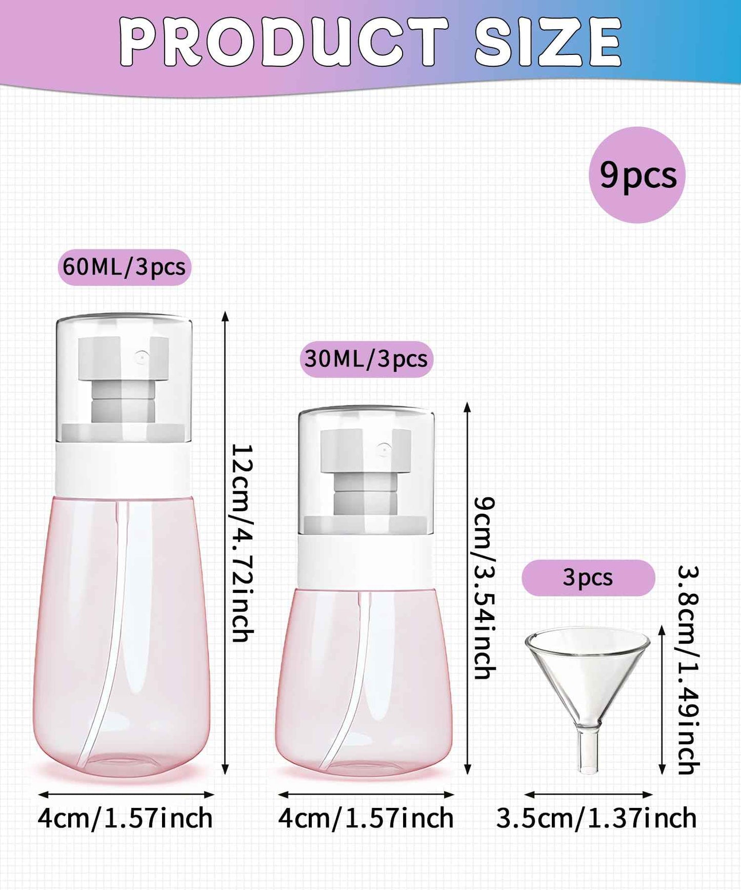 Uadbau 6 Pack Small Spray Bottles - Travel Size 3 Pack 1oz/30ml and 3 Pack 2oz/60ml with 3pcs Funnels, Fine Mist Mini Plastic Refillable Spray Bottles - Pink