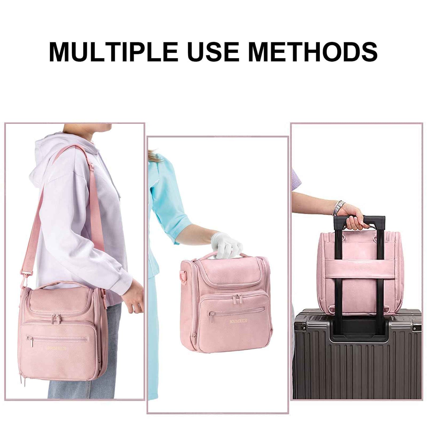 Large Toiletry Bag for Women, Hanging Leather Travel Makeup Bag with 360° Hook and Shoulder Strap, Travel Organizer for Full Sized Container, Toiletries, Brushes (Pink)