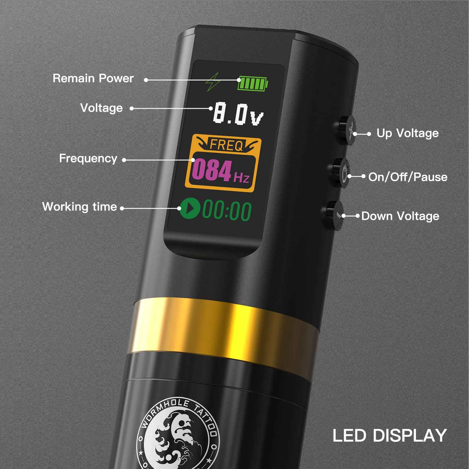 Wormhole Tattoo 58Pcs Complete Tattoo Gun Kit - Aluminum Alloy LED Smart Tattoo Pen Wireless Tattoo Machine with 1800mAh Battery for Tattoo Beginners - Black WTK313