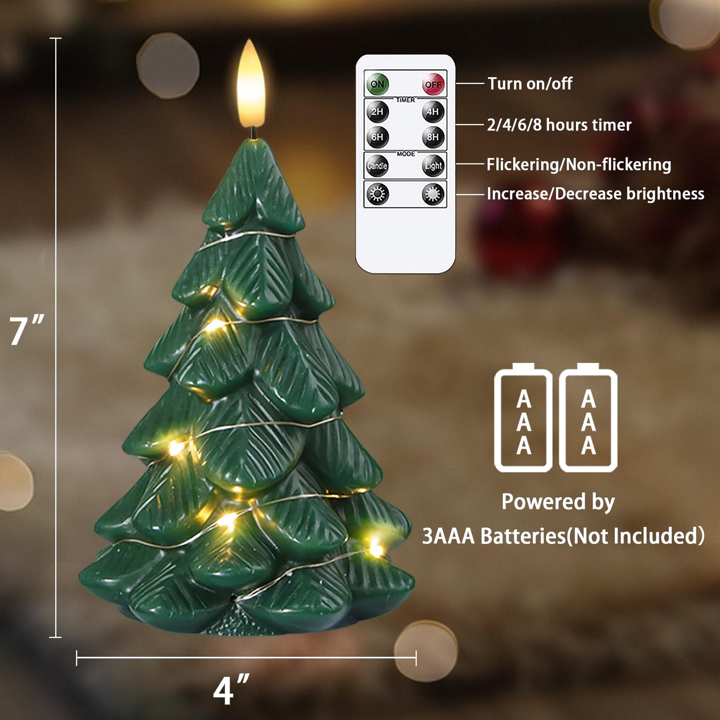 Vtobay Flameless Flickering Remote Christmas Tree Shaped Candles with Light Strings, 4" x7" LED Battery Operated Green Handmade Carved Wax Timer 2 Pack Candles for Xmas Eve, New Year, Christmas