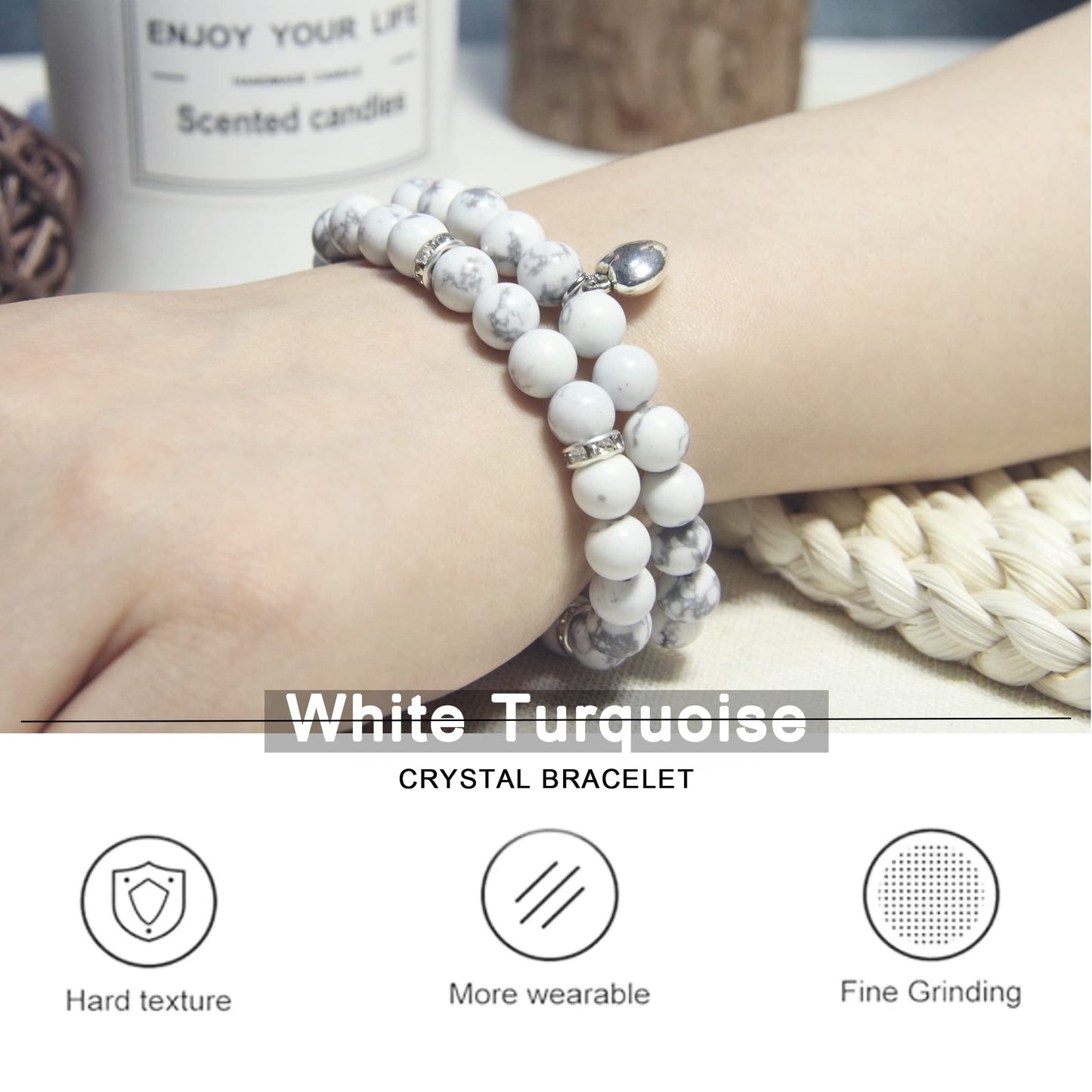 Healing Bracelets for Women - White Turquoise Bracelet - Healing Prayers Crystal Bracelet, 8mm Natural Stone Anti Anxiety Stress Relief Yoga Beads Get Well Soon Gifts