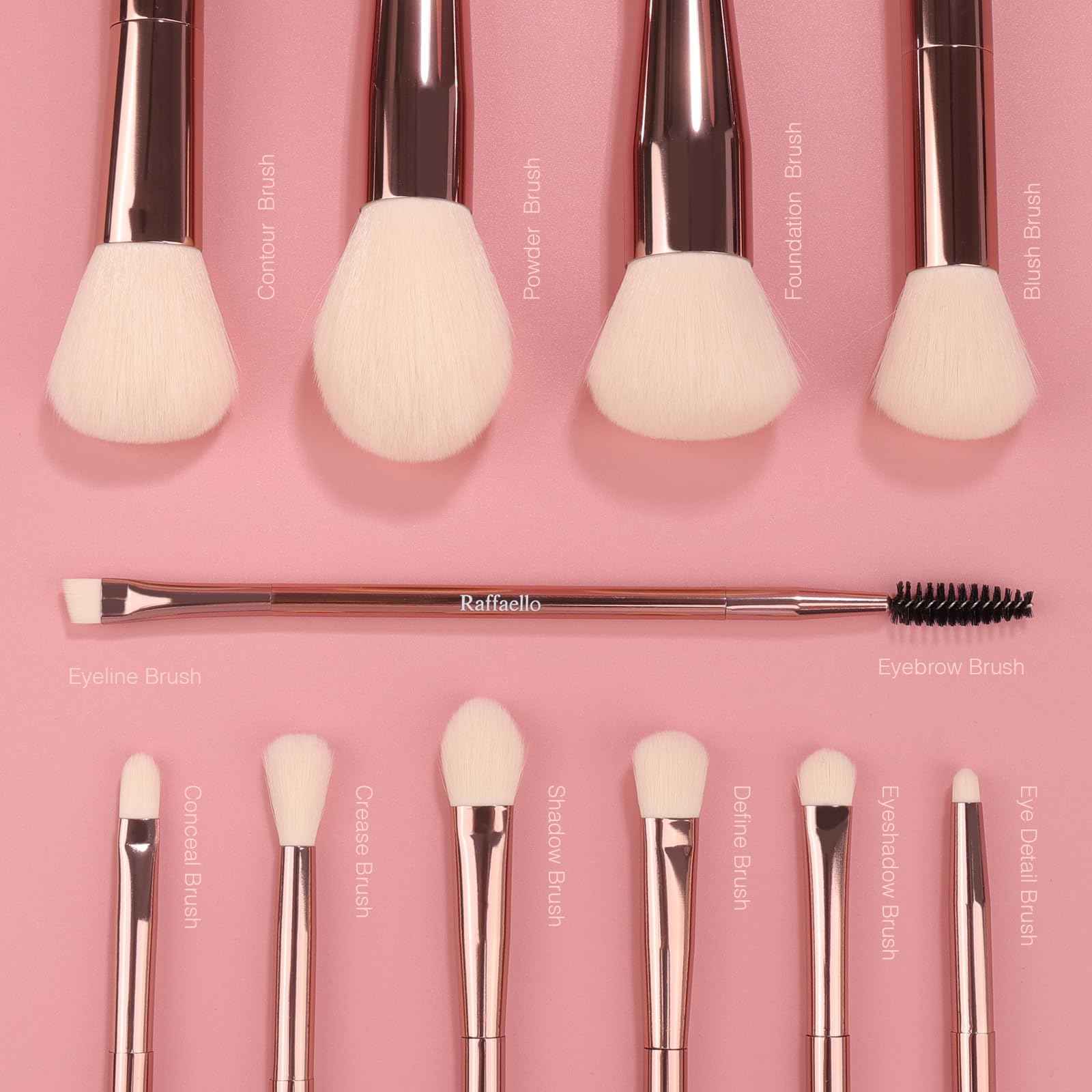 Raffaello 6-in-12 Dual-Ended Makeup Brushes Set, Sustainable Rose Gold Brushes with Recycled Materials, Includes White Faux Leather Pouch, Professional Face & Eye Makeup Kit for Travel and Daily Use
