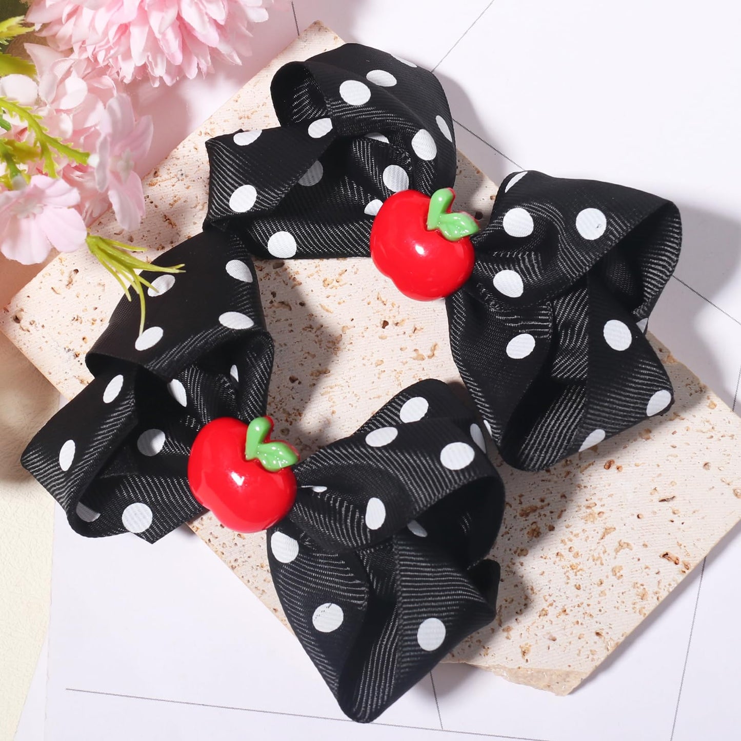 Back to School Hair Clips Cute Hair Clip Fruit Hair Bows for Toddler Black Bow Hairpin for Girls White Dot Hair Barrettes Hairpins for Kids First Day of School Hair Accessories for Hair Styling 2PCS